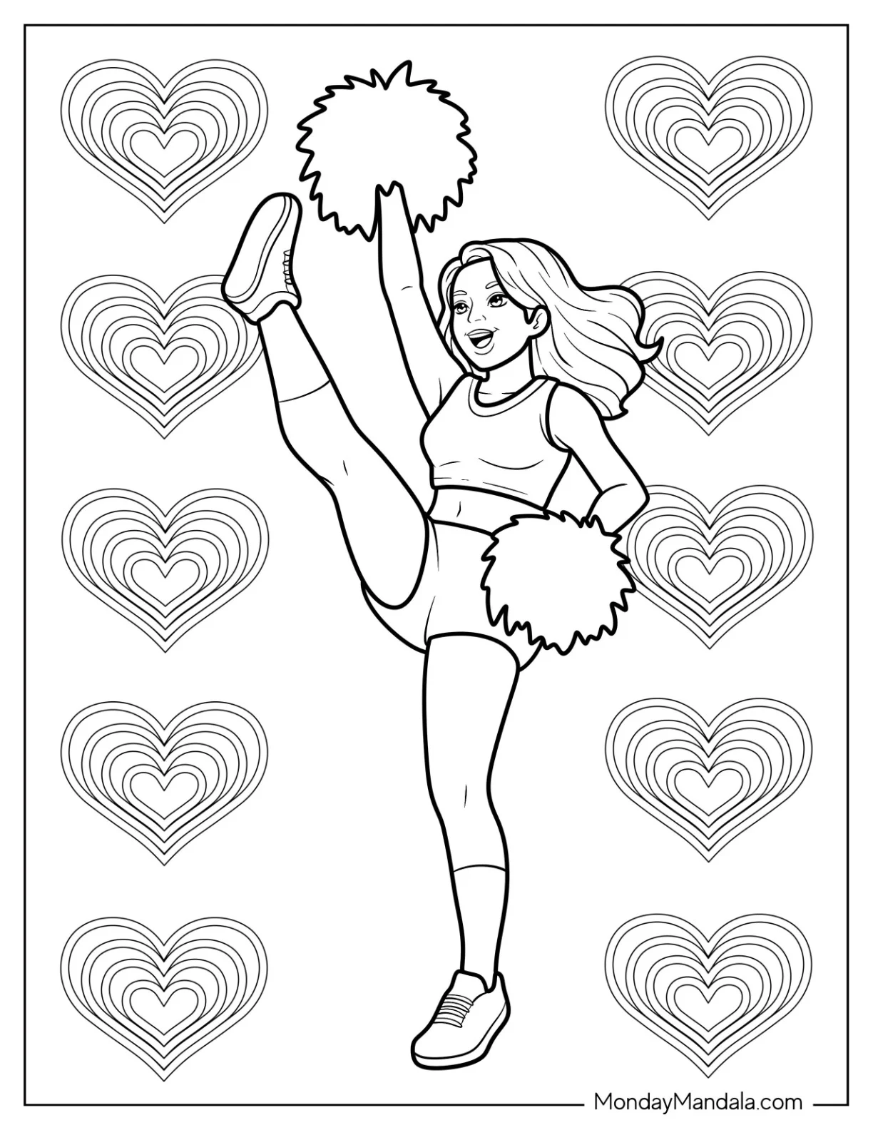 Cheerleading Coloring Page Of Cheerleader High Kick Pose with Pom Poms And Love Hearts coloring page
