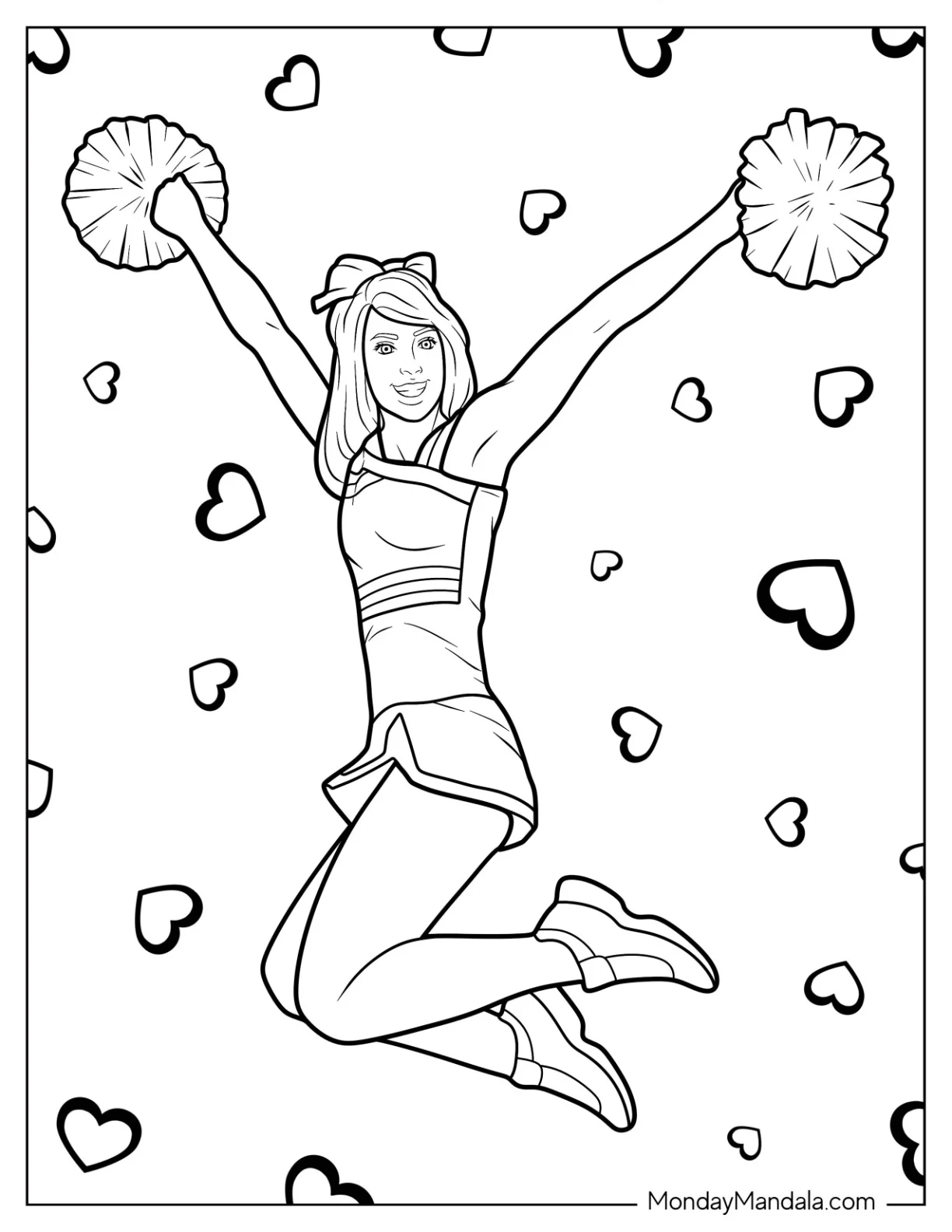 Cheerleading Coloring Page Of Cheerleader Jumping With Both Arms Up coloring page