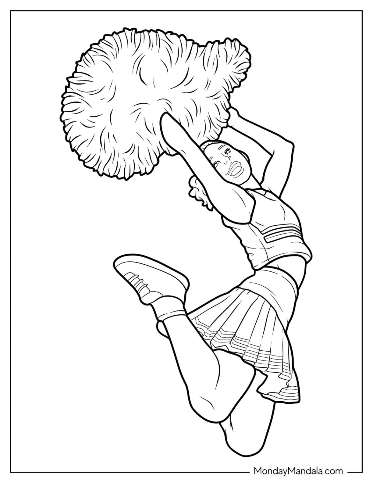 Cheerleading Coloring Page Of Cheerleader Mid Jump With Hugh Pom Poms coloring page
