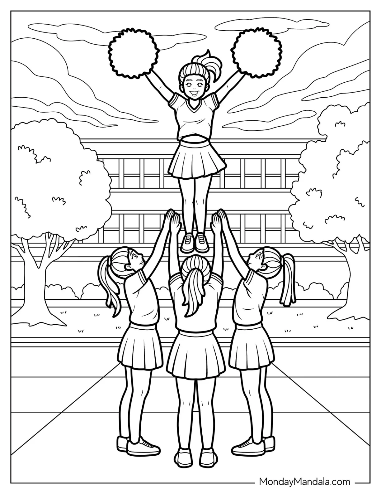 Cheerleading Coloring Page Of Cheerleaders Performing Two Leg Stunt Pyramid Outside School coloring page — printable line art