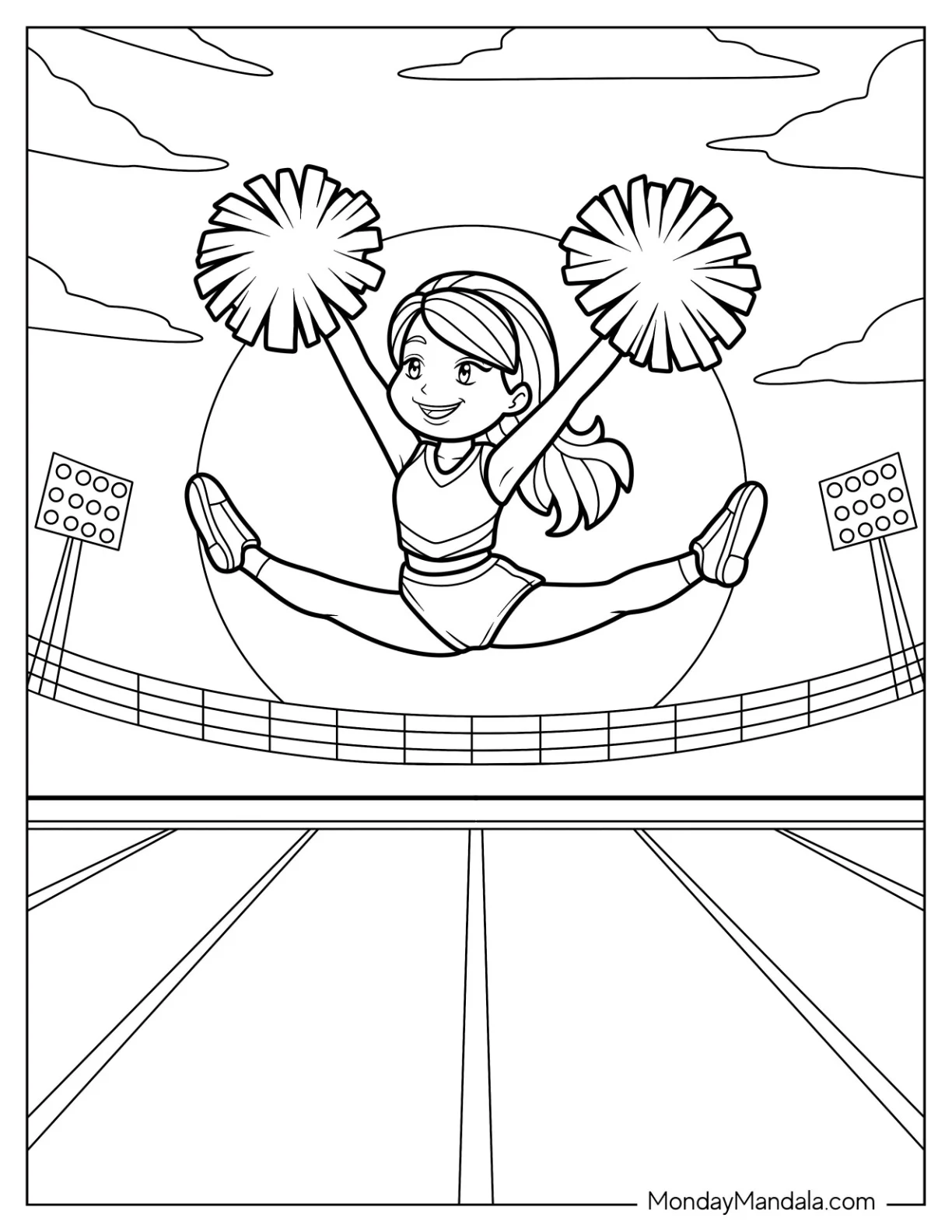 Cheerleading Coloring Page Of Chibi Cheerleader Doing Splits In The Air For Preschoolers coloring page — printable line art