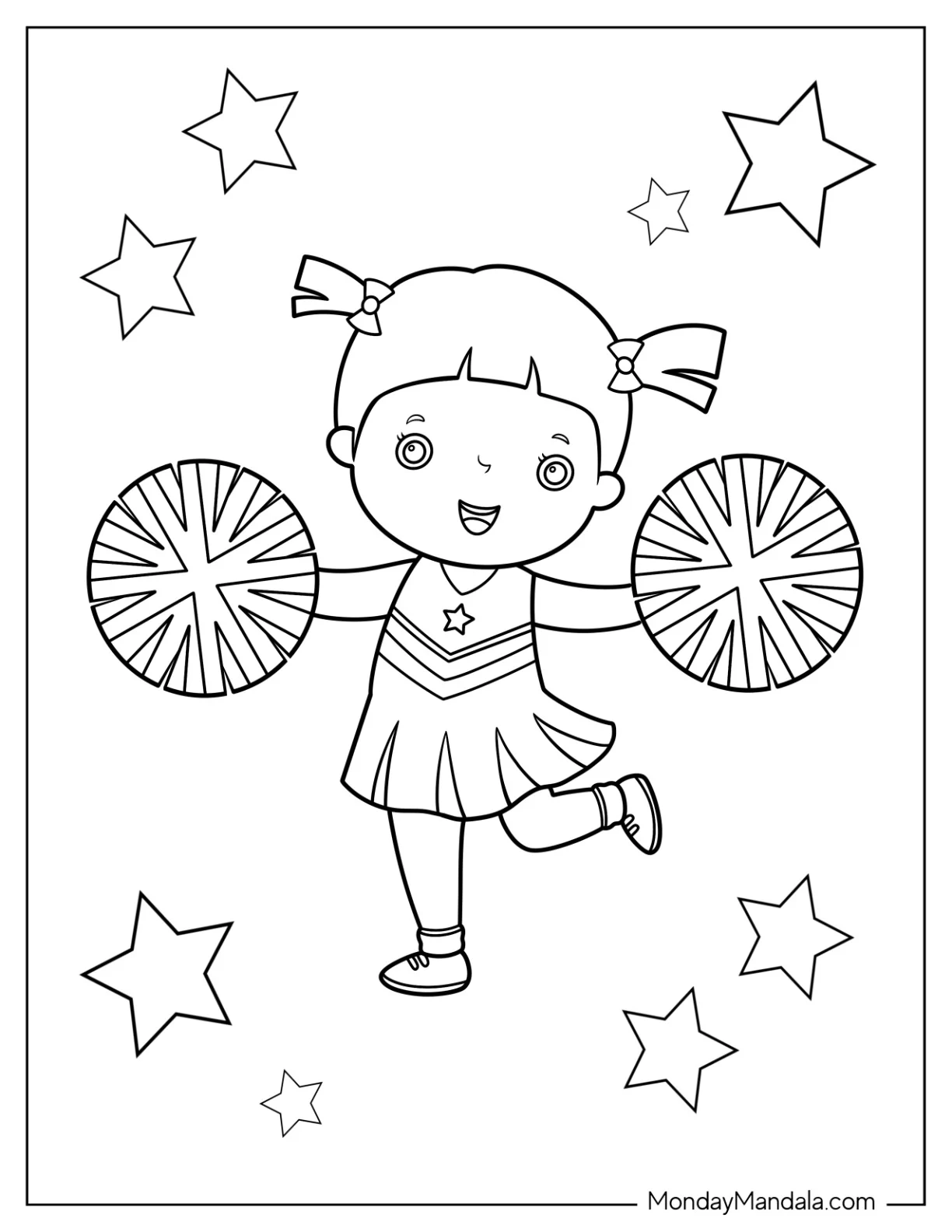 Cheerleading Coloring Page Of Chibi Cheerleader With Stars For Preschoolers coloring page — printable line art