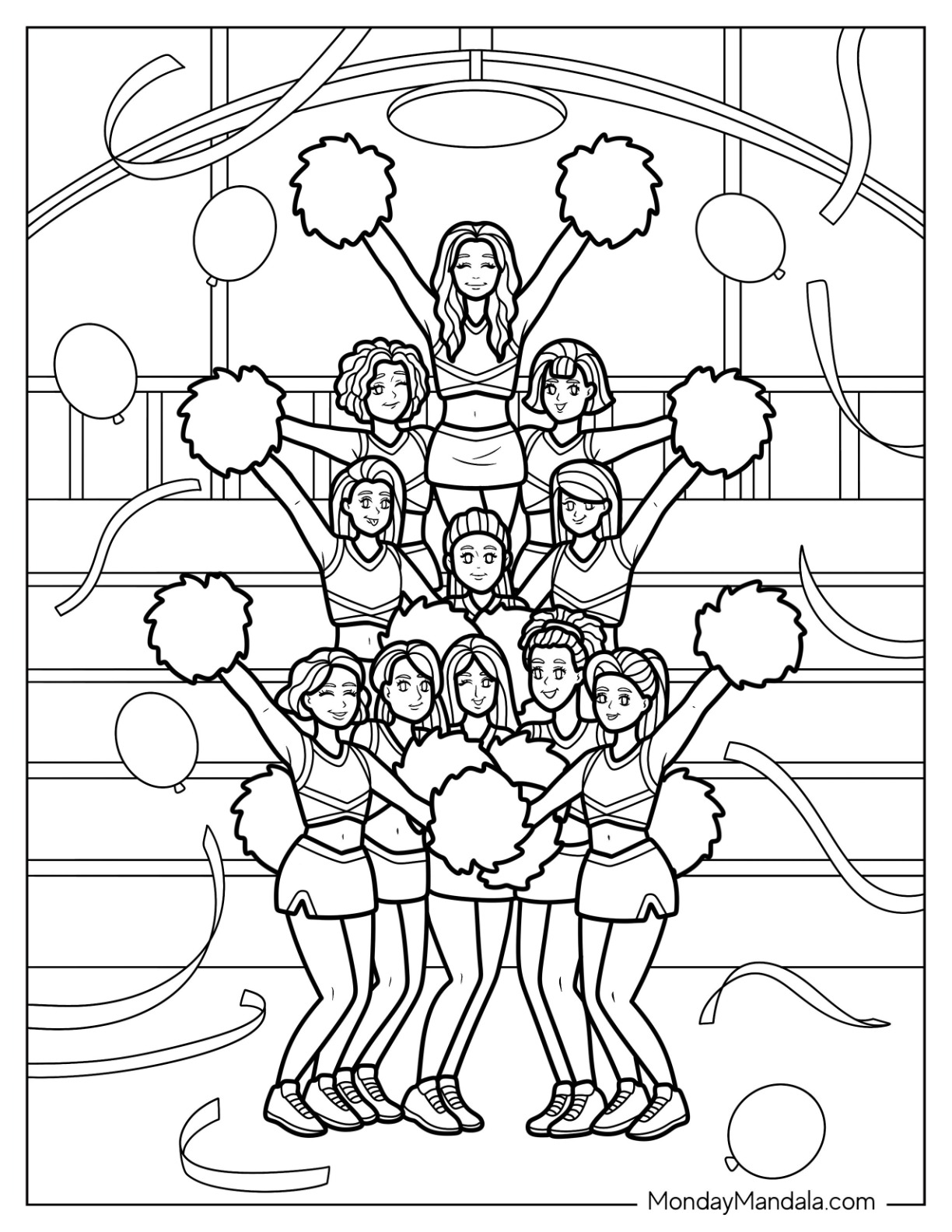 Cheerleading Coloring Page Of Detailed Cheerleader Pyramid with Pom Poms and Confetti coloring page