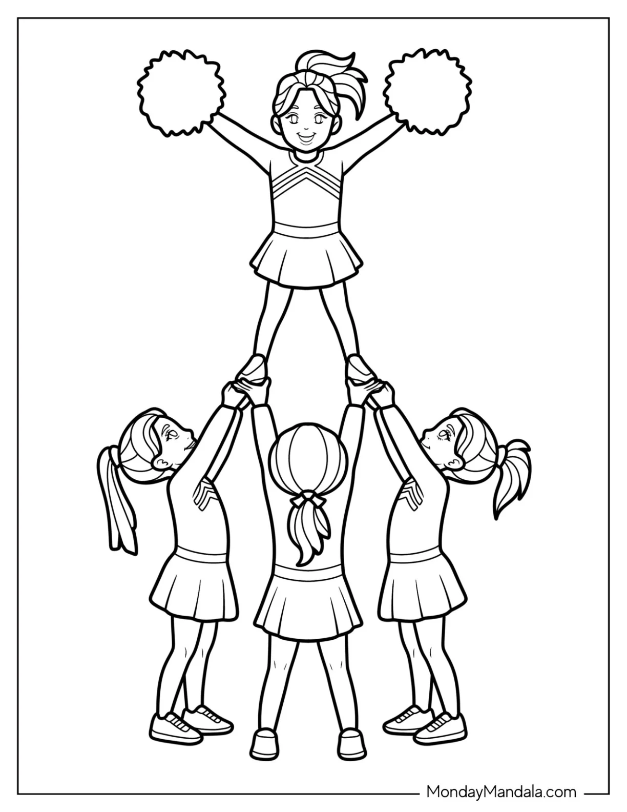 Cheerleading Coloring Page Of Easy Cheer Squad Lifts Flyer in High V Pose For Kids coloring page — printable line art
