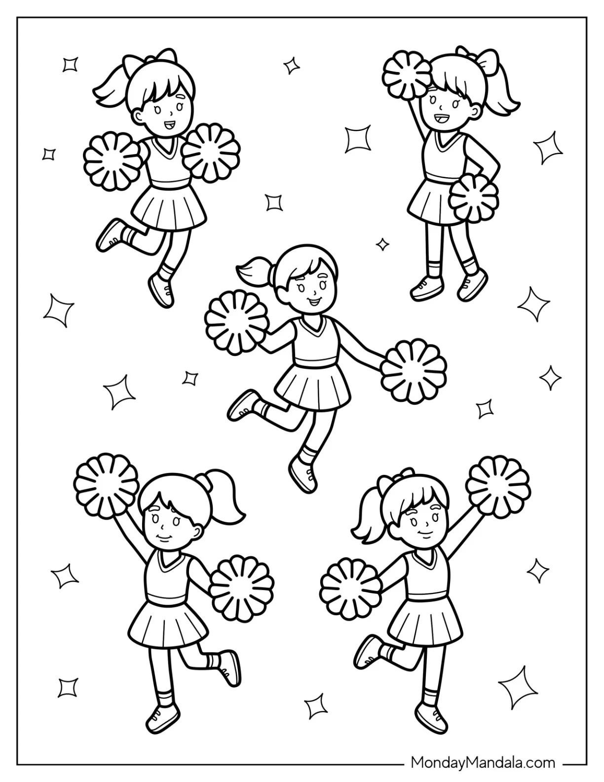 Cheerleading Coloring Page Of Full Page Cute Cheerleaders with Pom Poms and Sparkles coloring page — printable line art