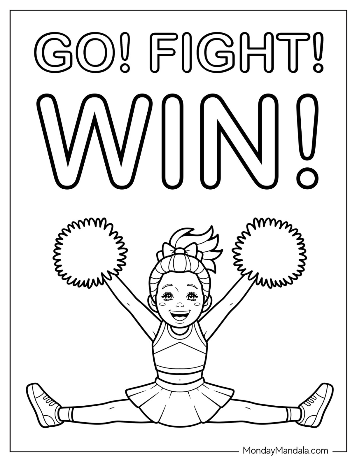 Cheerleading Coloring Page Of Go! Fight! Win! With Cheerleader Performing The Split coloring page
