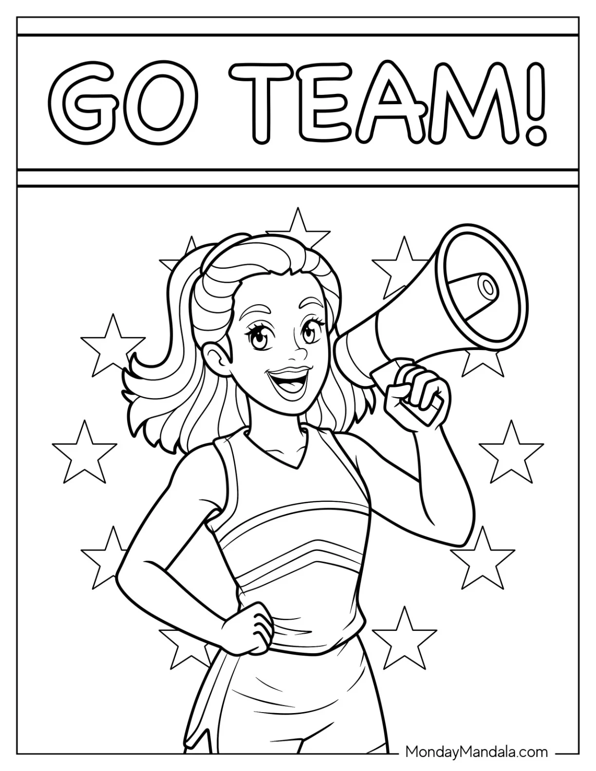 Cheerleading Coloring Page Of Go Team! Cheer Captain with Megaphone coloring page — printable line art