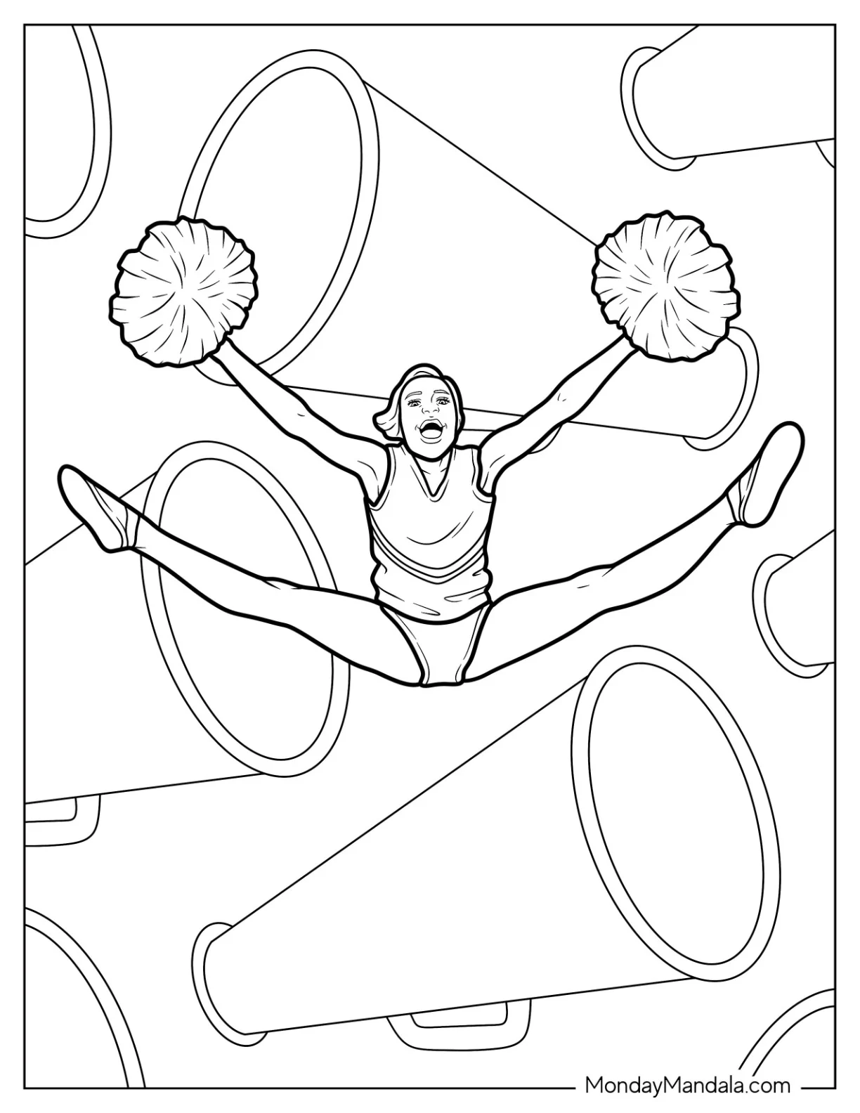 Cheerleading Coloring Page Of Jump Split coloring page — printable line art