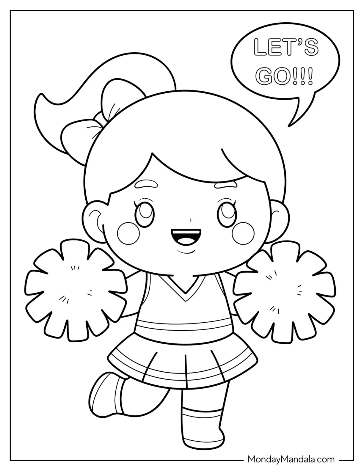 Cheerleading Coloring Page Of Kawaii Cheerleader Chanting  Let’s Go! For Preschoolers coloring page — printable line art