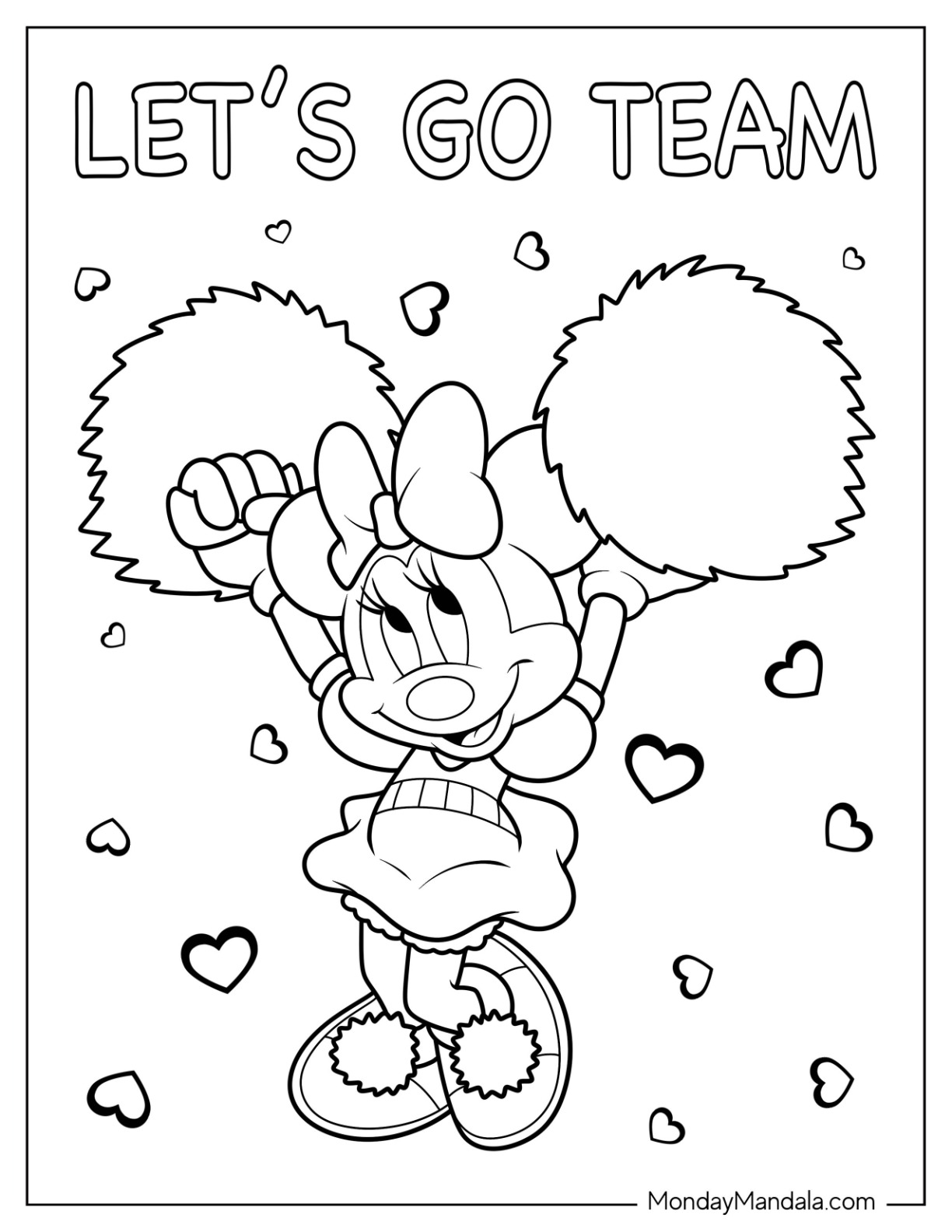 Cheerleading Coloring Page Of Minnie Mouse With Pom Poms For Kids coloring page — printable line art