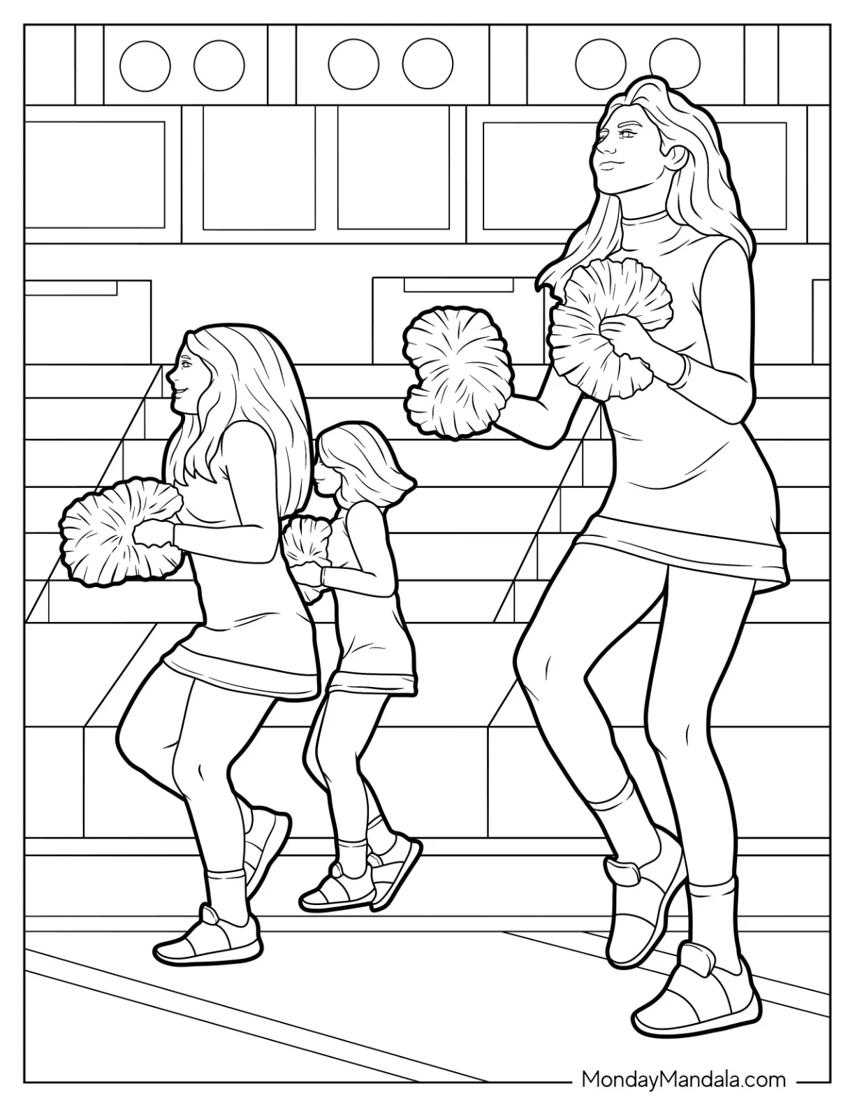 Cheerleading Coloring Page Of Simple Three Cheerleaders Dancing coloring page