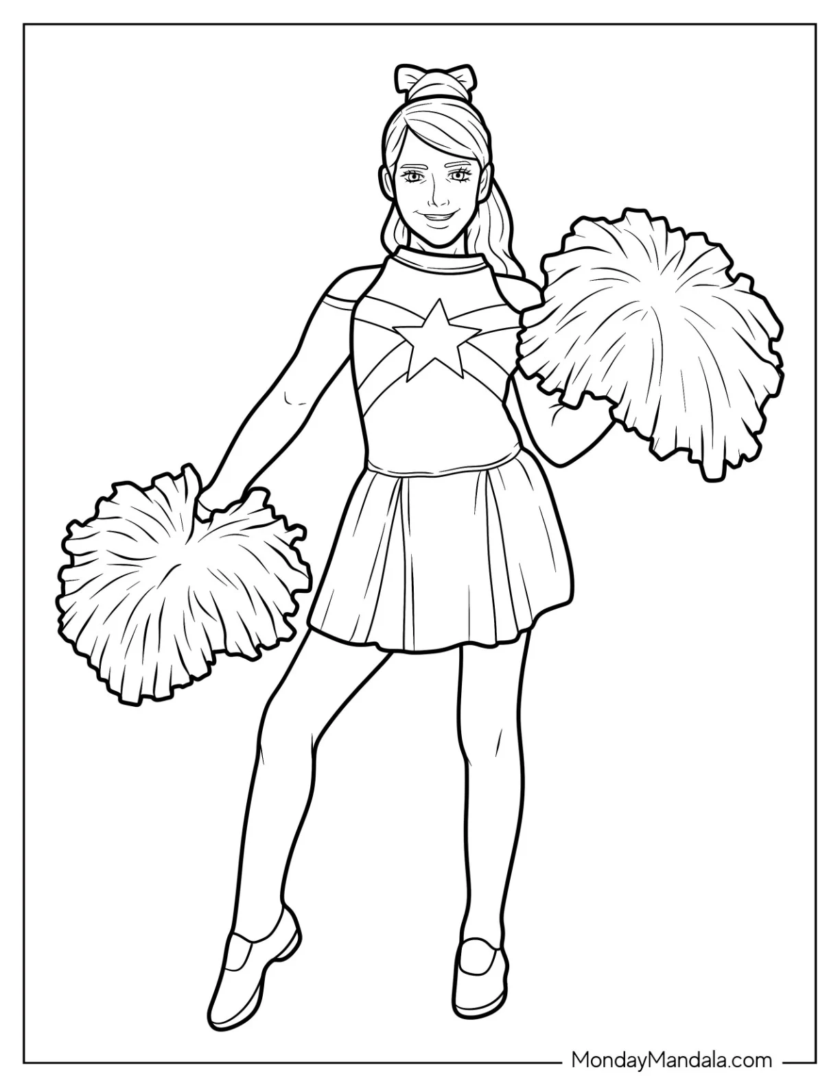 Cheerleading Coloring Page Of Smiling Cheerleader Holding Two Large Pom Poms For Kids coloring page