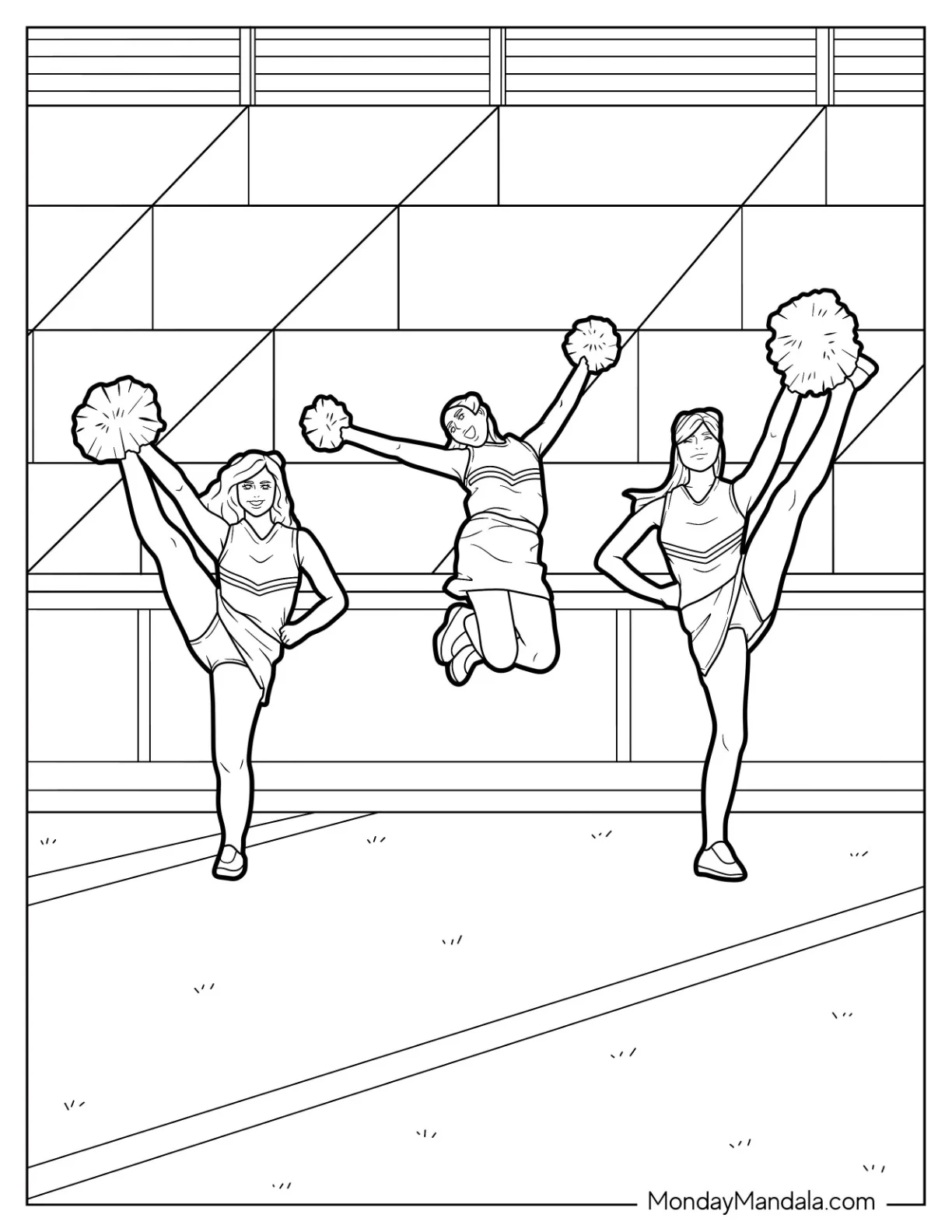 Cheerleading Coloring Page Of Three Cheerleaders With Pom Poms Doing Stunts coloring page