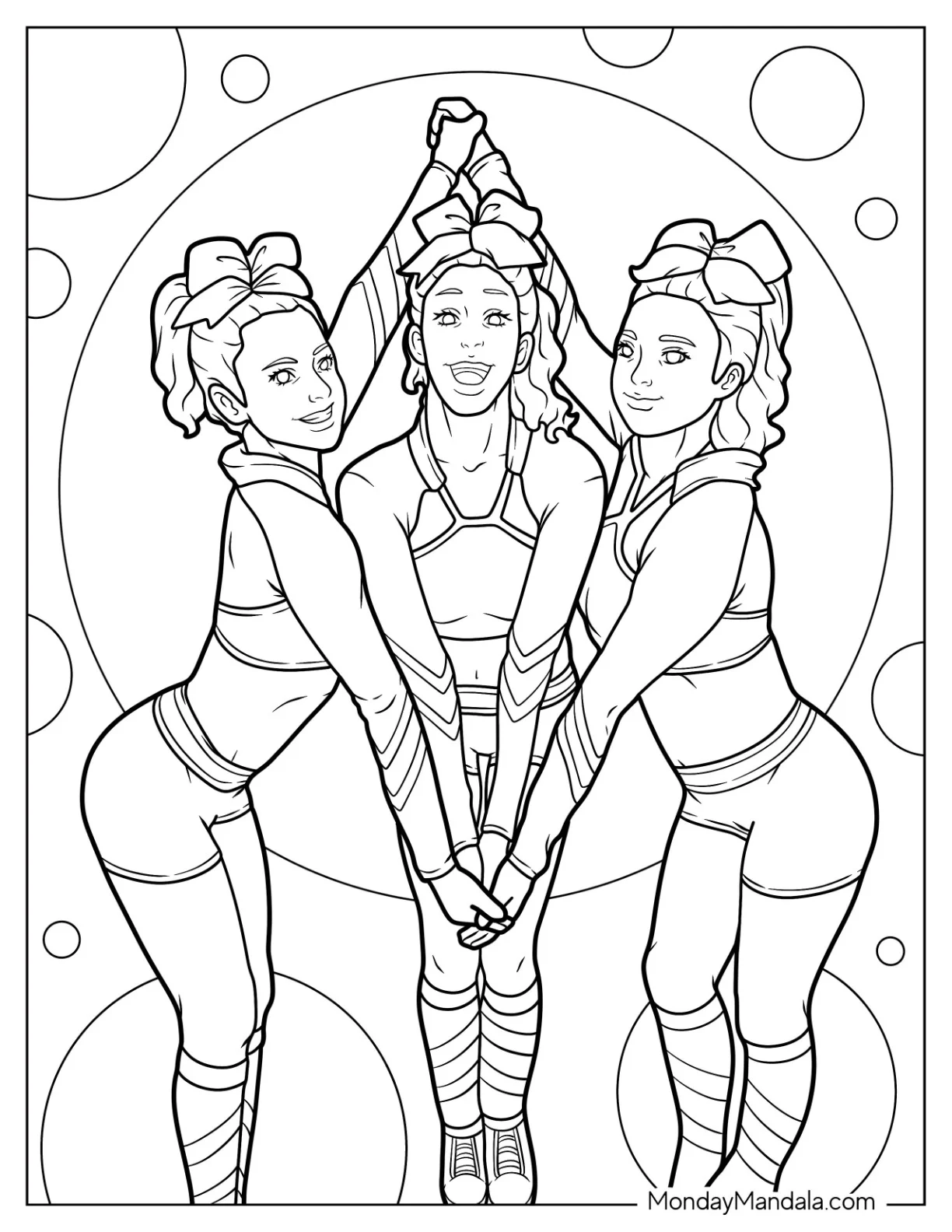 Cheerleading Coloring Page Of Three Cute Cheerleaders Posing In Uniforms coloring page