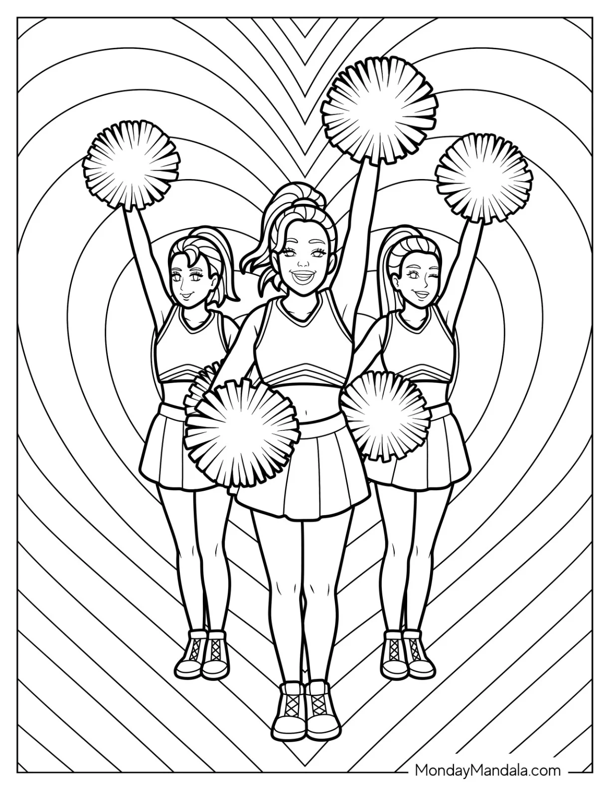 Cheerleading Coloring Page Of Three Woman Cheer Squad with Love Heart Background coloring page — printable line art
