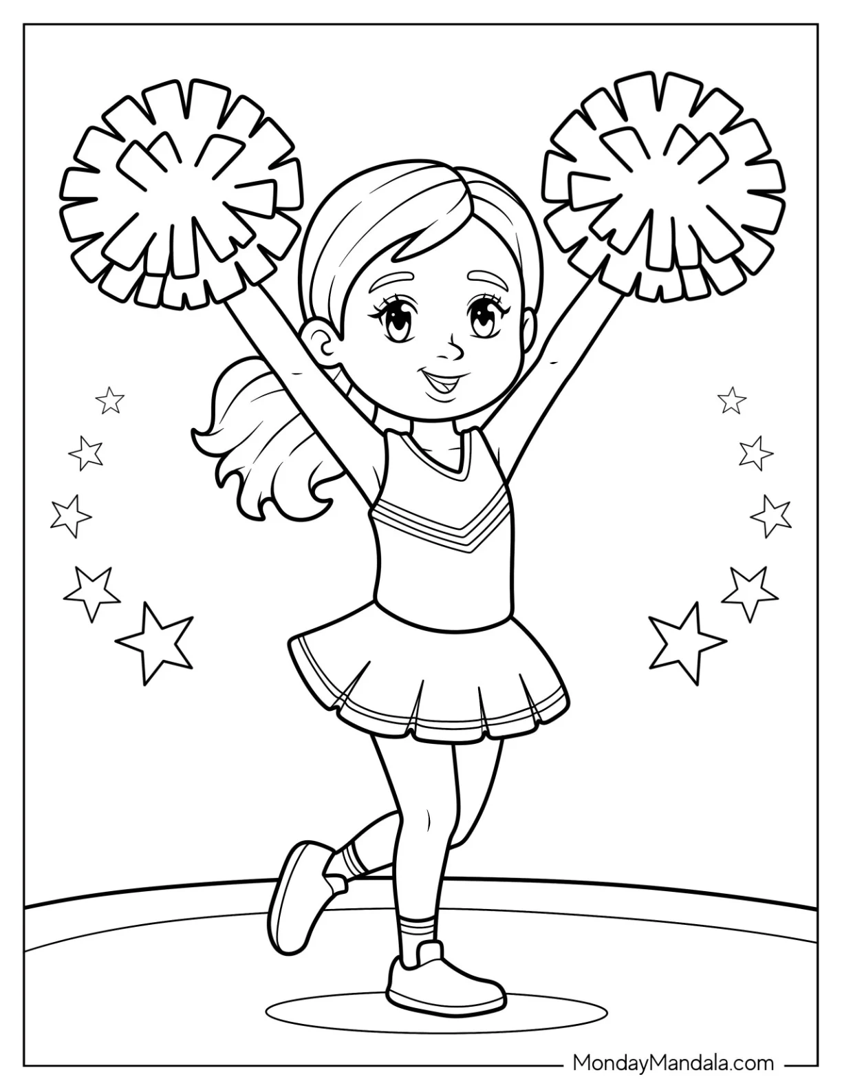 Cheerleading Coloring Page Of Young Cheerleader Girl Raising Pom Poms For Kids coloring page — printable line art