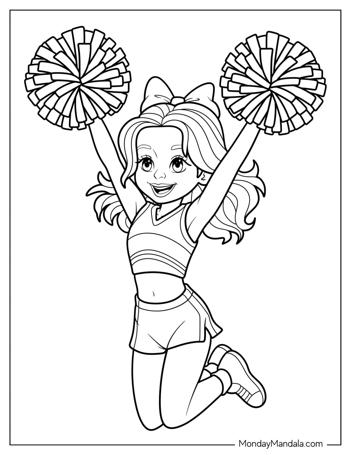 Energetic Cheerleading Coloring Page Jumping with Pom Poms For Kids coloring page