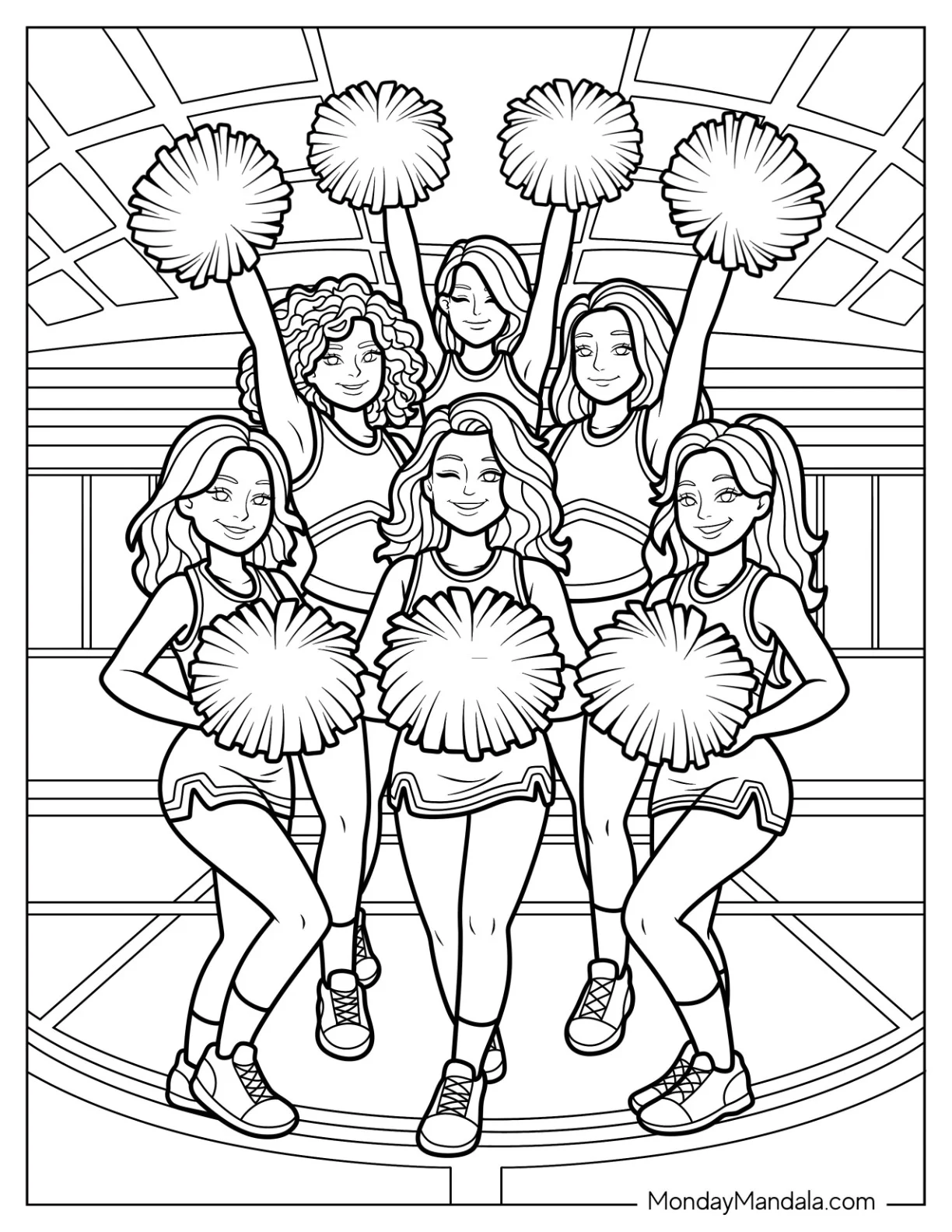 High School Cheerleading Coloring Page Team In A Stadium coloring page
