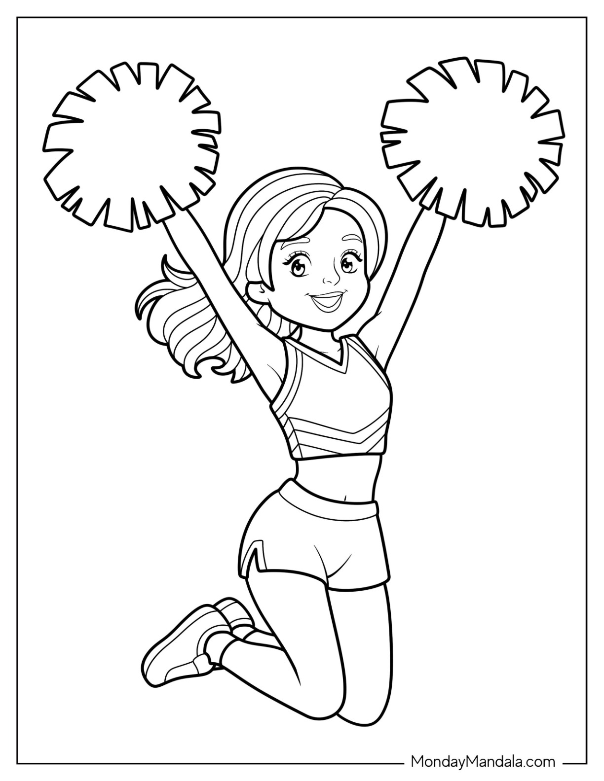 Simple Happy Cheerleading Coloring Page Doing a Jump with Raised Pom Poms coloring page — printable line art