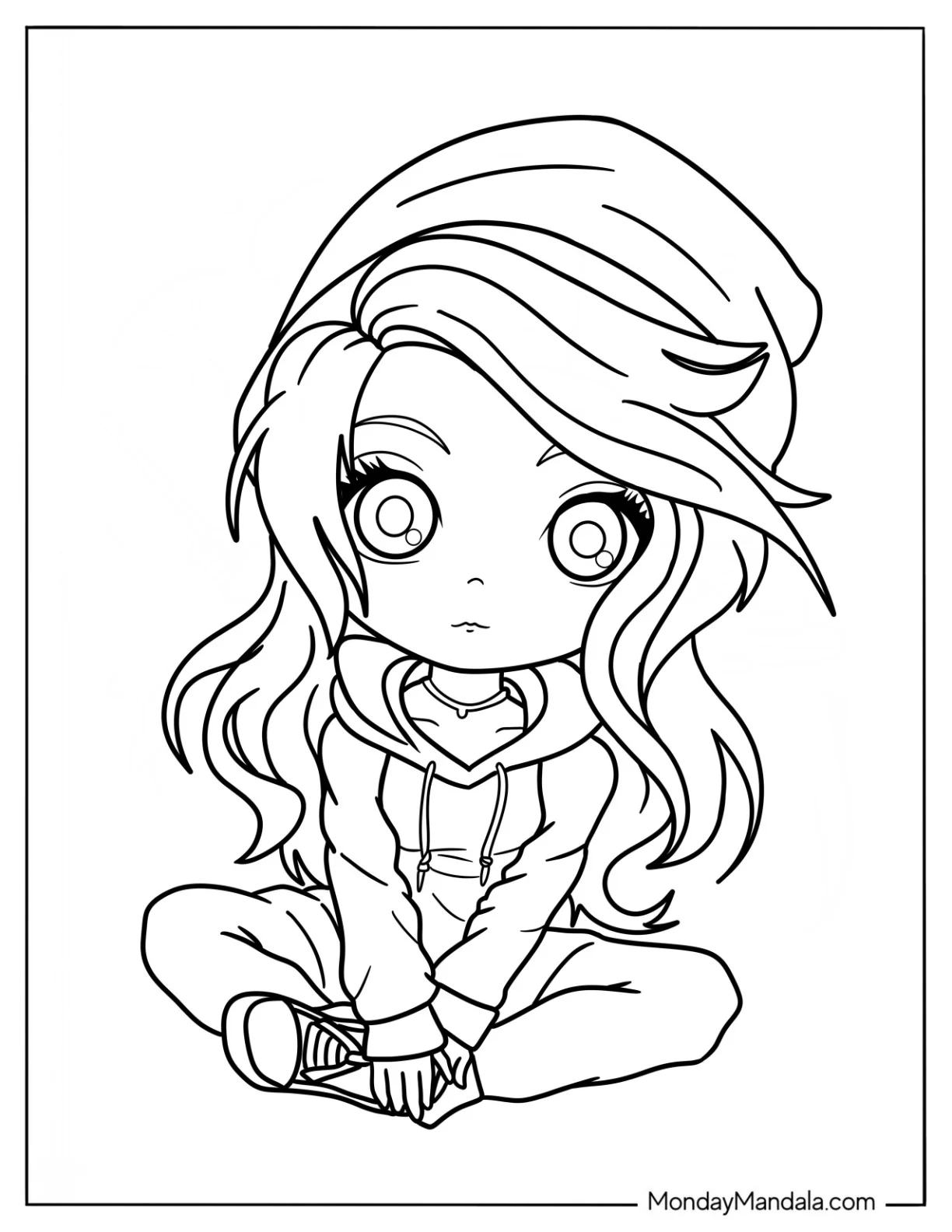 Adorable Chibi Girl Wearing A Hoodie Coloring Sheet For Preschoolers coloring page