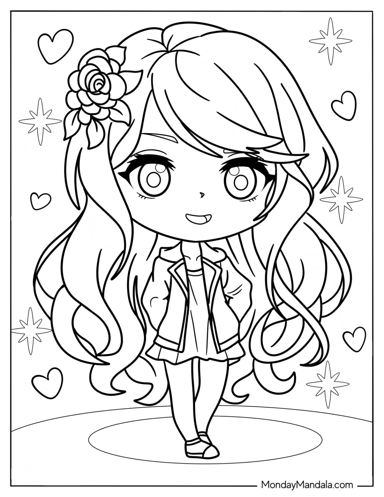 Chibi Anime Girl With Flower In Her Hair Coloring Sheet coloring page
