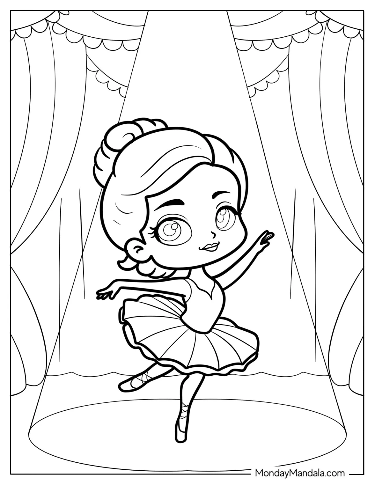 Chibi Coloring Page Ballerina Dancing on Stage Under a Spotlight For Kids coloring page