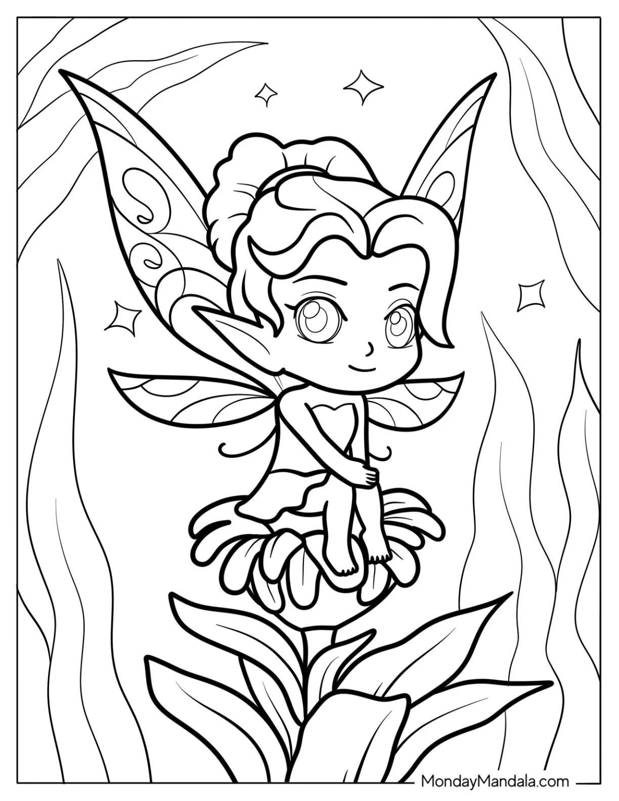 Chibi Coloring Page Fairy Sitting on a Flower For Kids coloring page