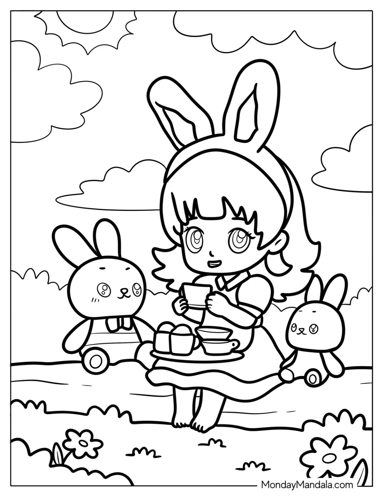 Chibi Coloring Page Girl Wearing Bunny Ears Hosting an Outdoor Tea Party coloring page