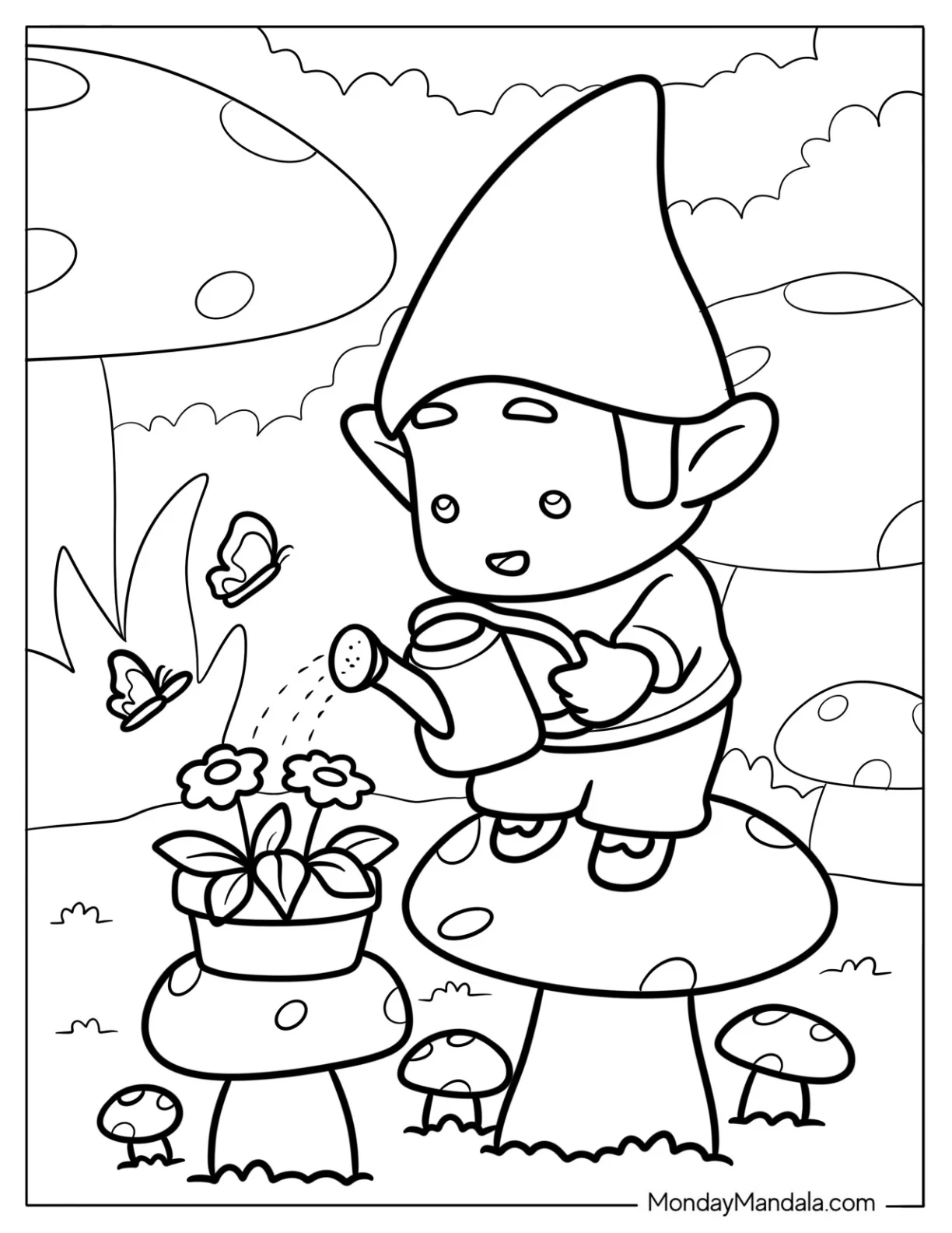 Chibi Coloring Page Gnome in a Fantasy Mushroom Forest Watering Flowers For Kids coloring page