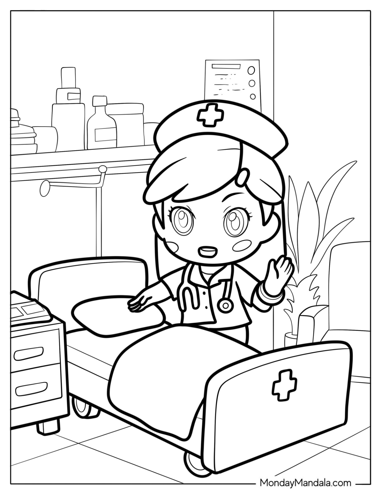 Chibi Coloring Page Nurse in a Hospital Room For Kids coloring page
