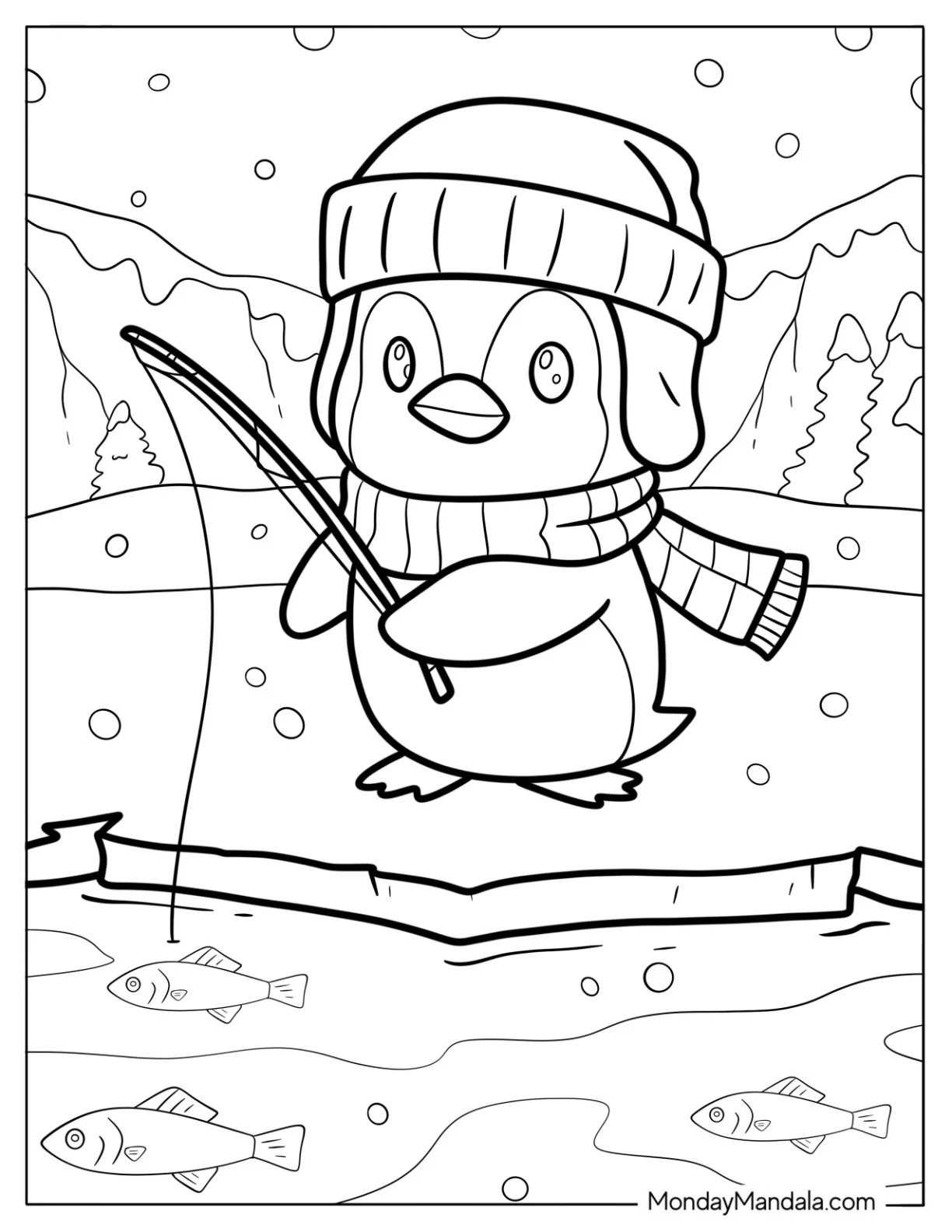 Chibi Coloring Page Penguin with Hat and Scarf Ice Fishing in Winter coloring page