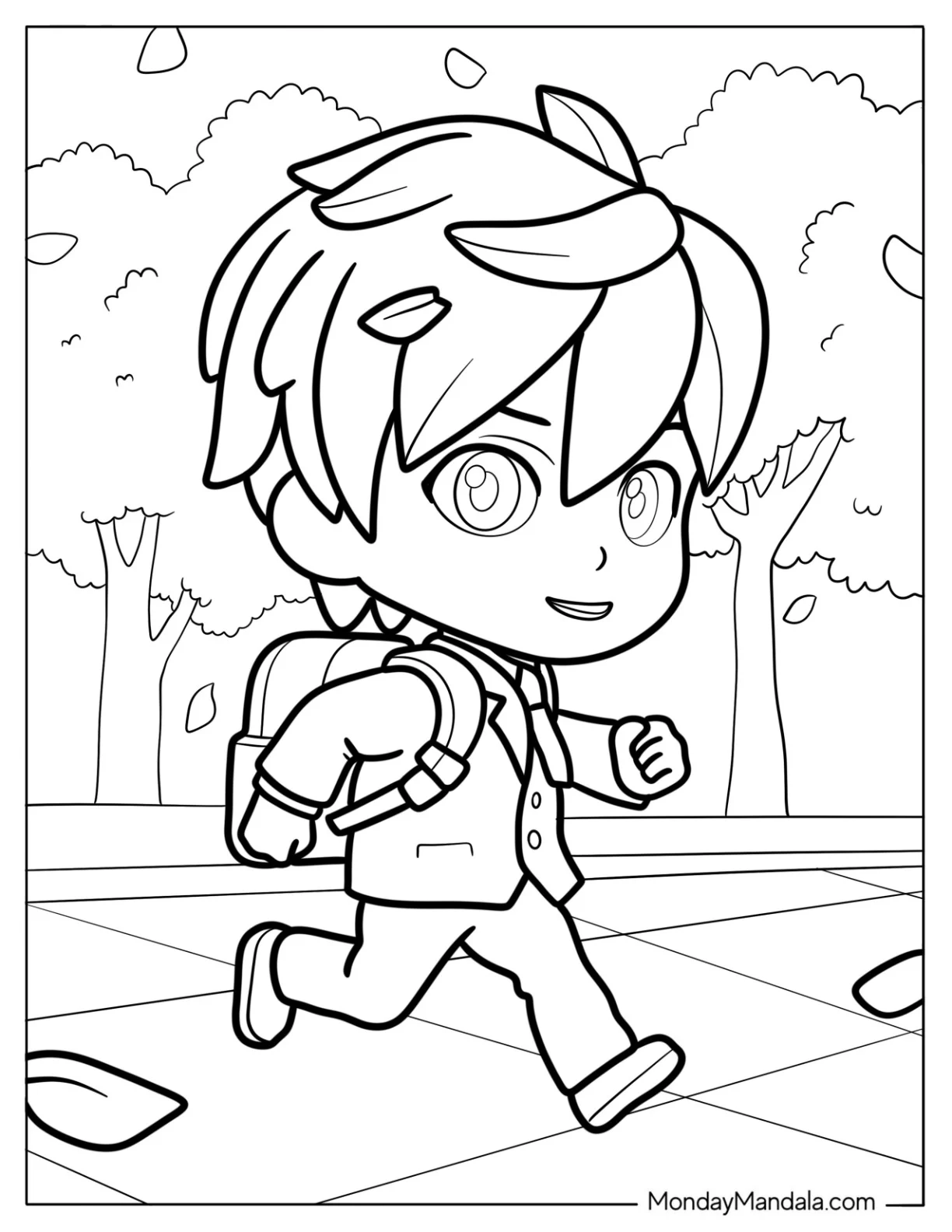 Chibi Coloring Page Schoolboy with Backpack Walking Outdoors coloring page