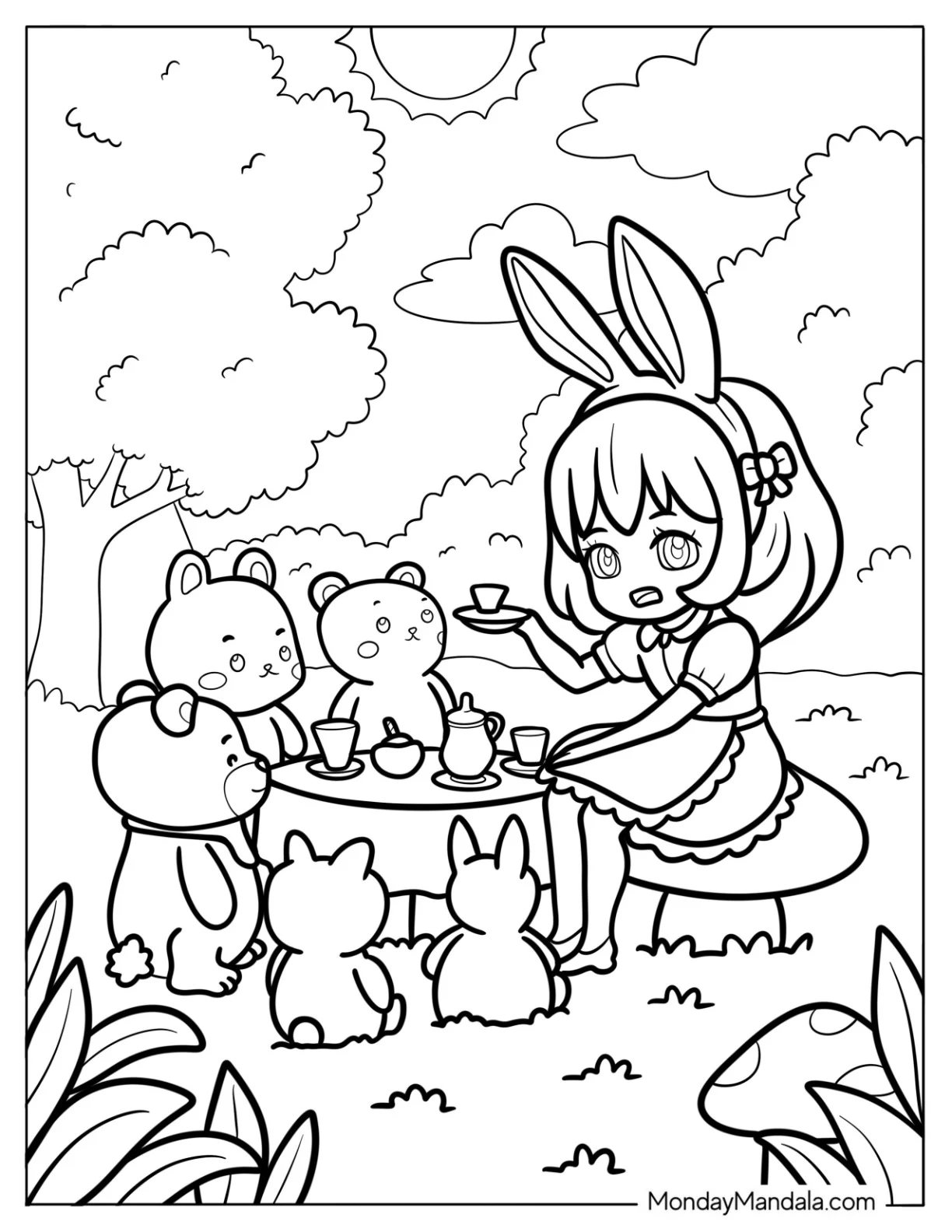 Chibi Coloring Page Tea Party in a Sunny Forest Meadow with Animal Friends coloring page