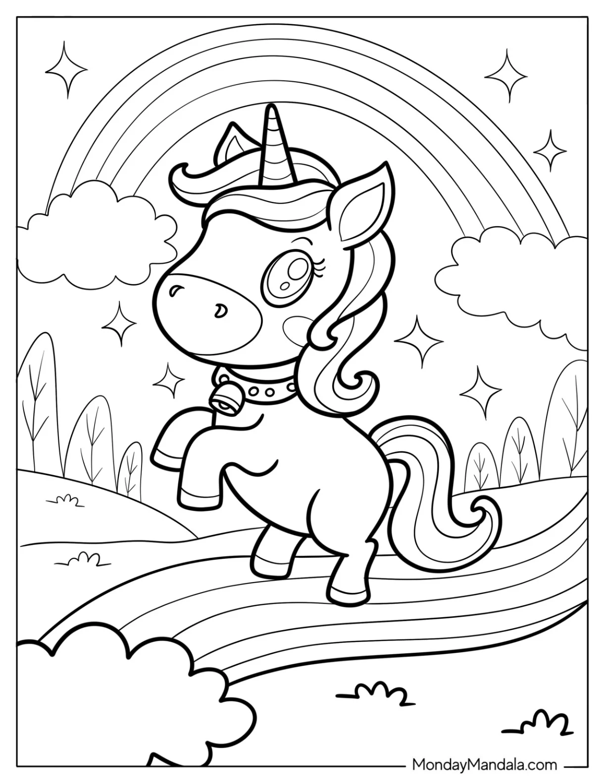 Chibi Coloring Page Unicorn Trotting Across a Rainbow with Sparkling Stars coloring page