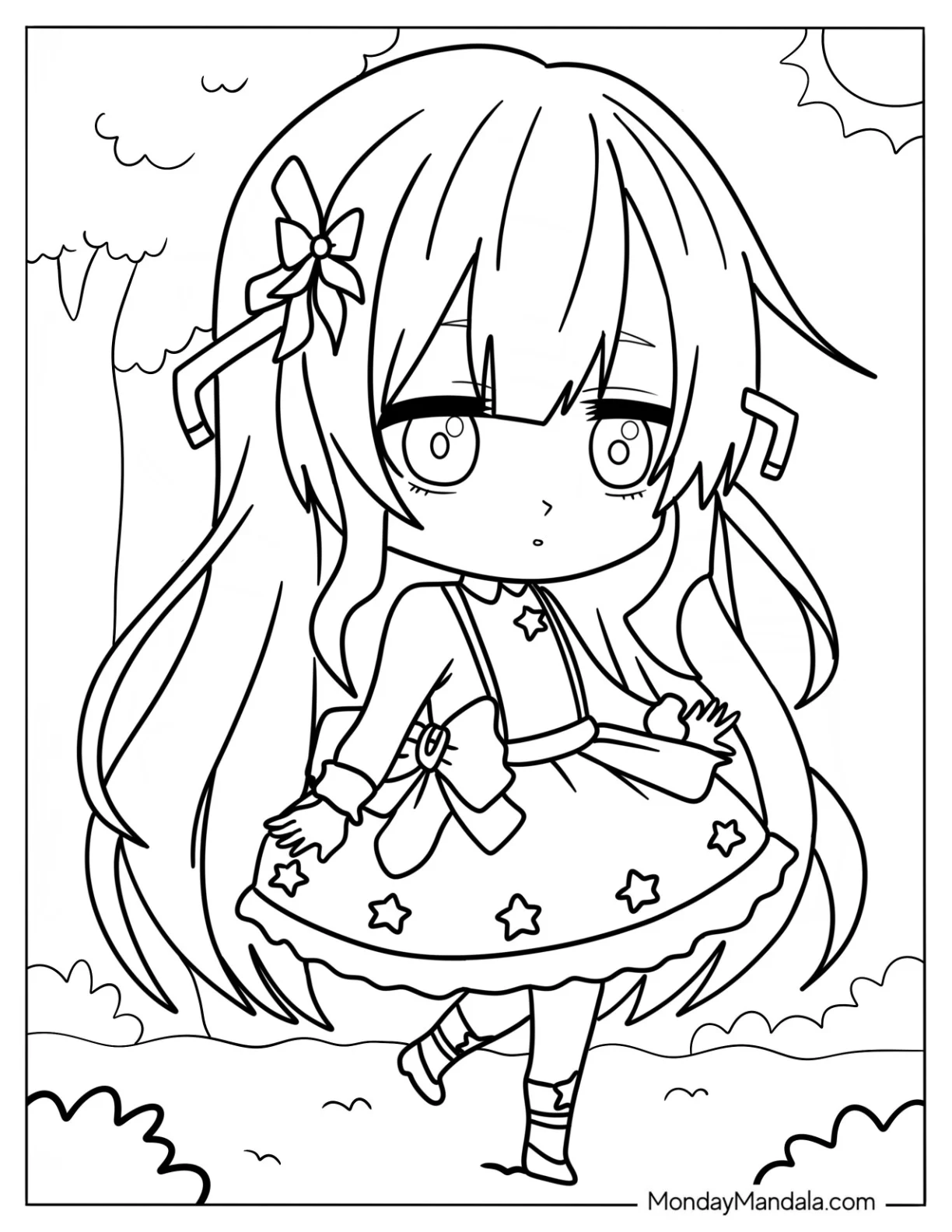 Chibi Girl In A Pretty Dress Walking In Nature coloring page