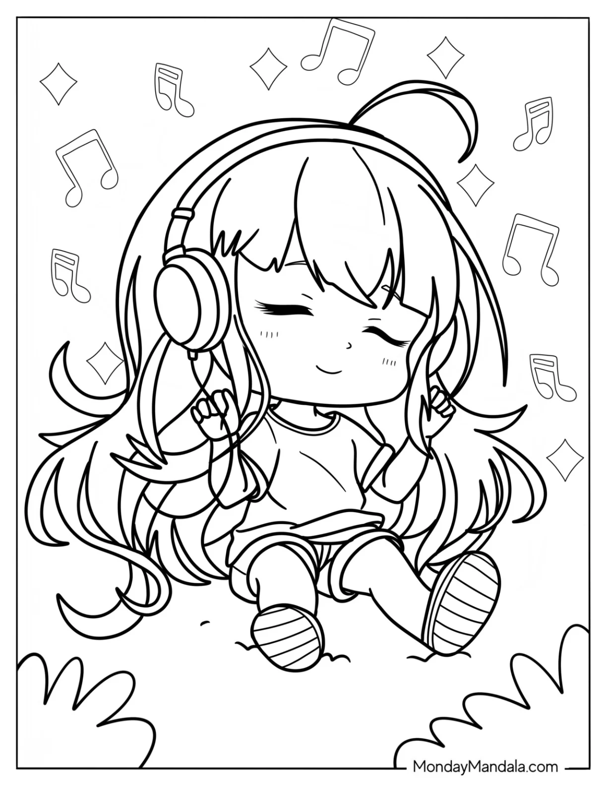 Chibi Girl Listening To Music While Sitting On Grass coloring page
