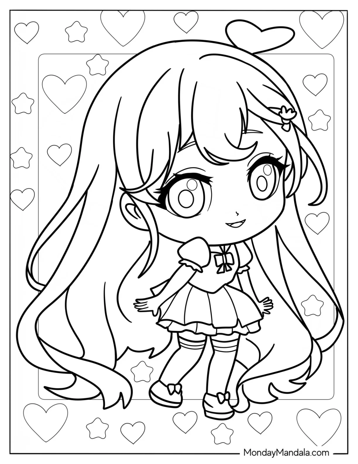 Chibi Girl With Flowing Hair, Short Dress, And Knee High Socks coloring page