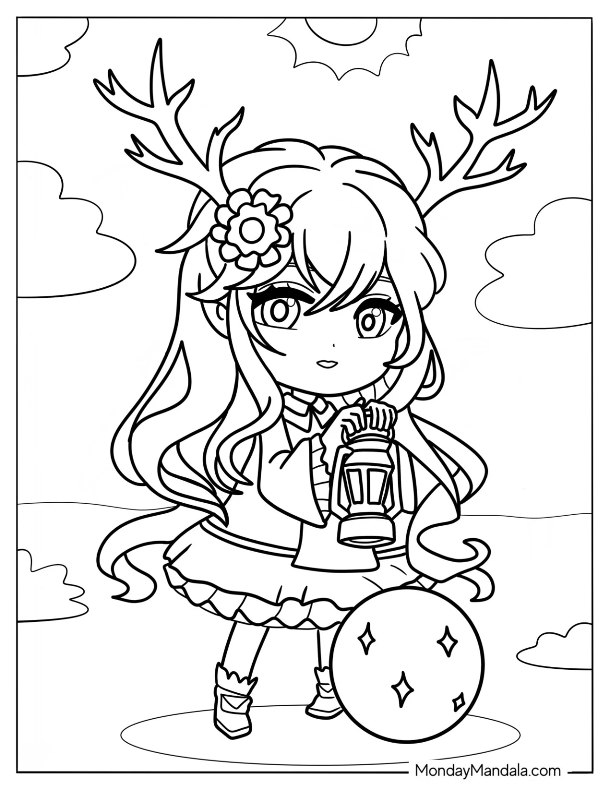 Chibi Girl With Large Antlers Holding A Lamp coloring page