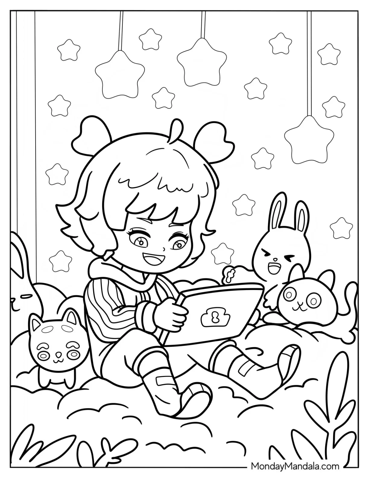 Chibi Little Boy Playing With His Tablet On His Bed coloring page