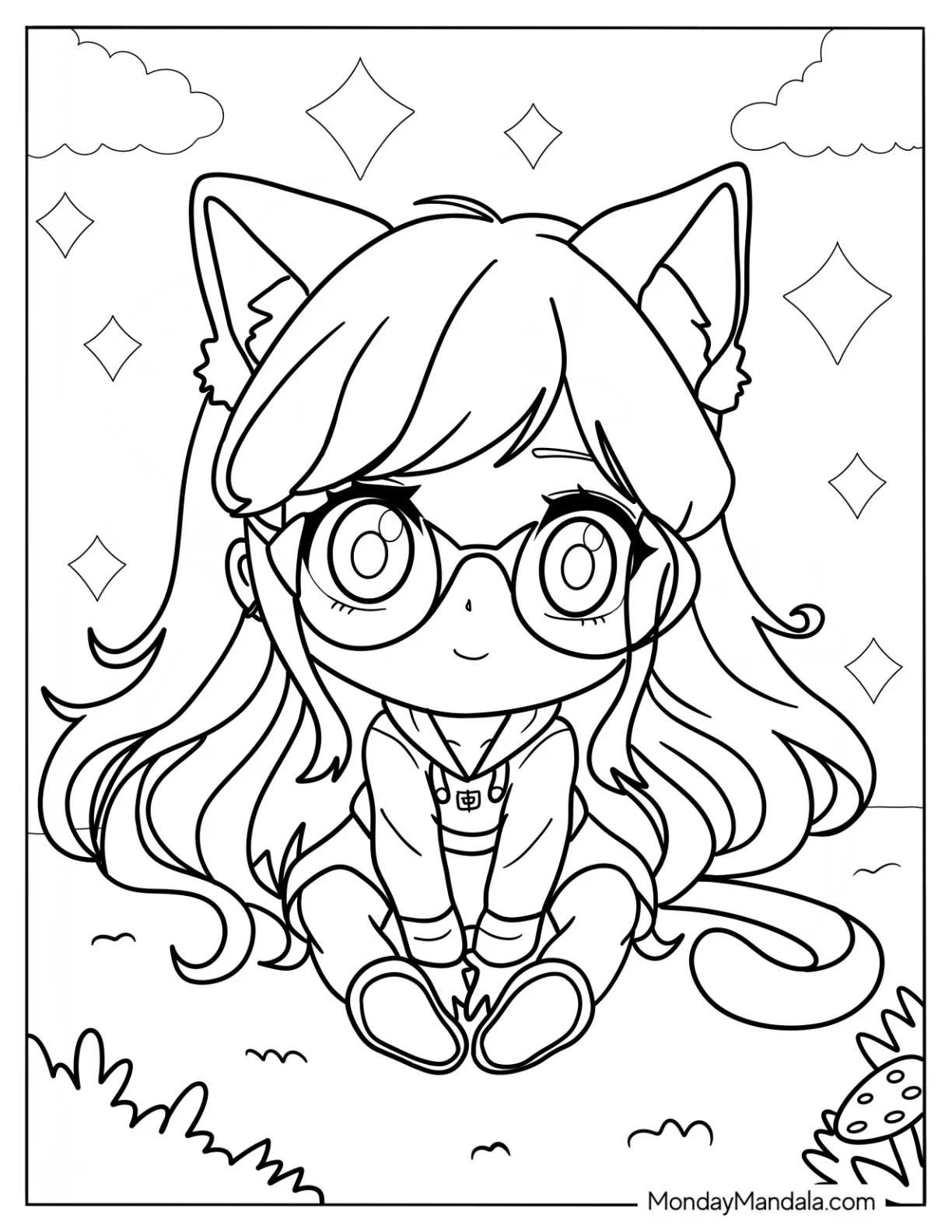 Chibi Nerdy Cat Girl Coloring Sheet For Kids coloring page