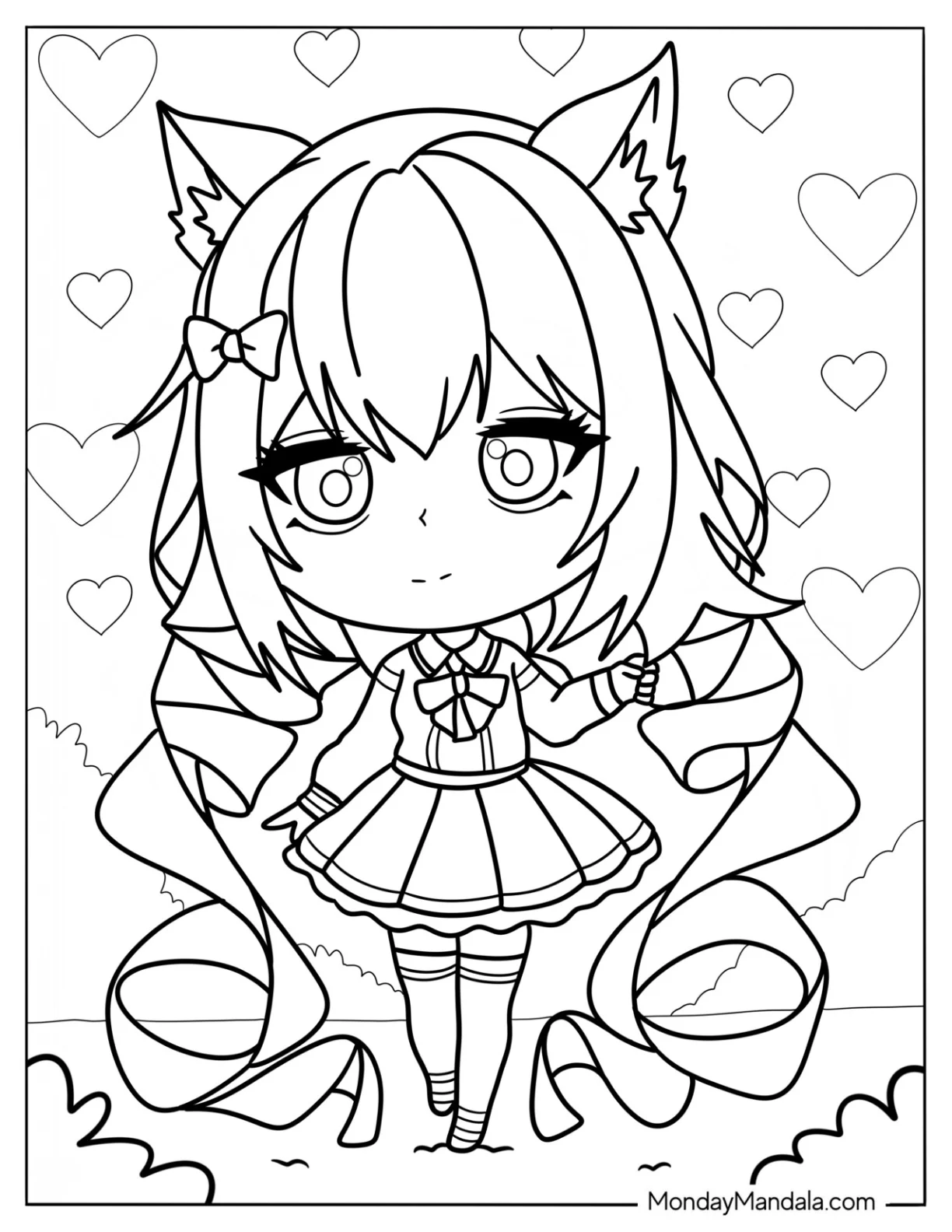 Chibi School Girl With Cat Ears coloring page