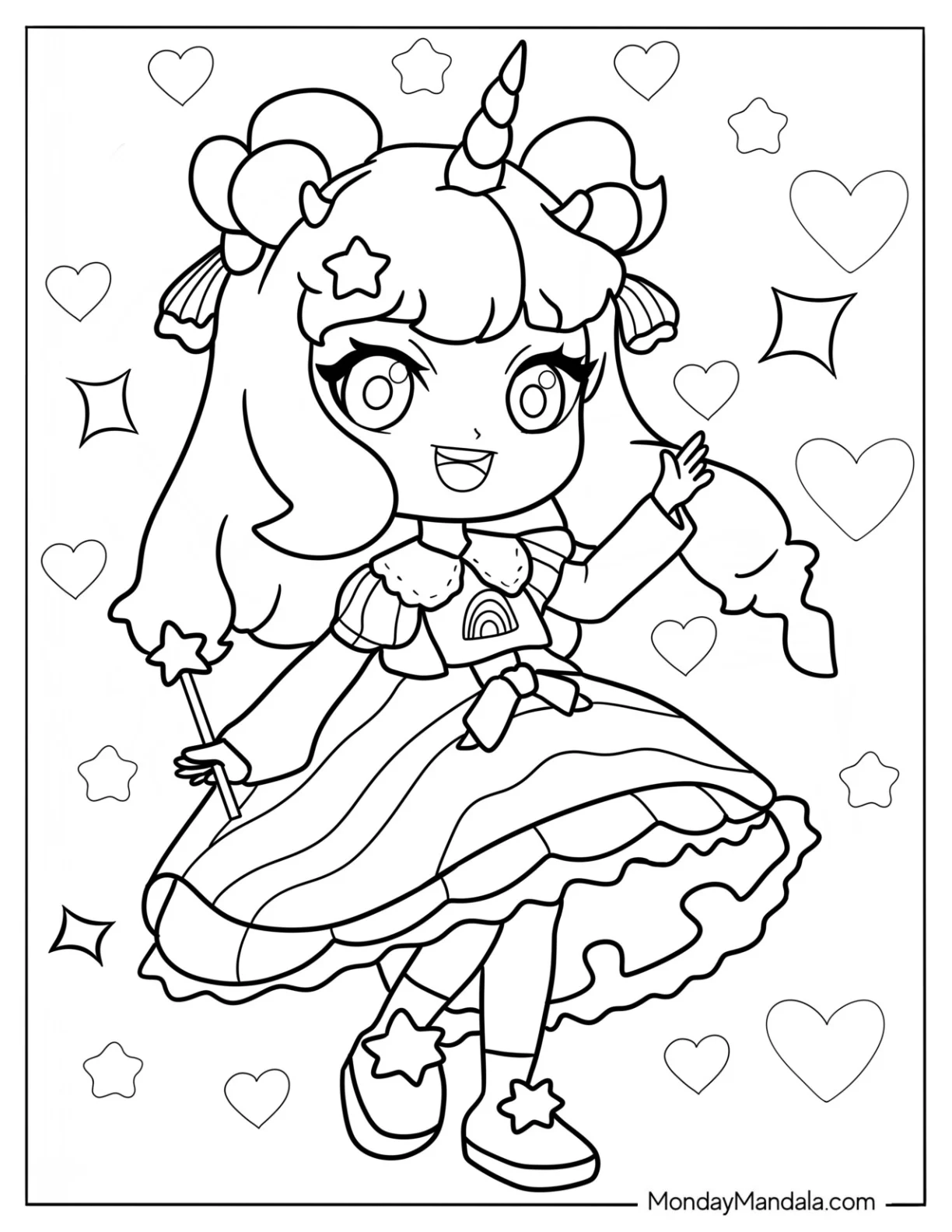 Chibi Unicorn Princess With Love Hearts And Sparkles Coloring Page coloring page