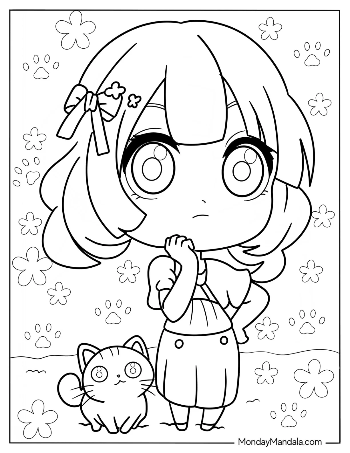 Curious Chibi Girl With Her Cat coloring page