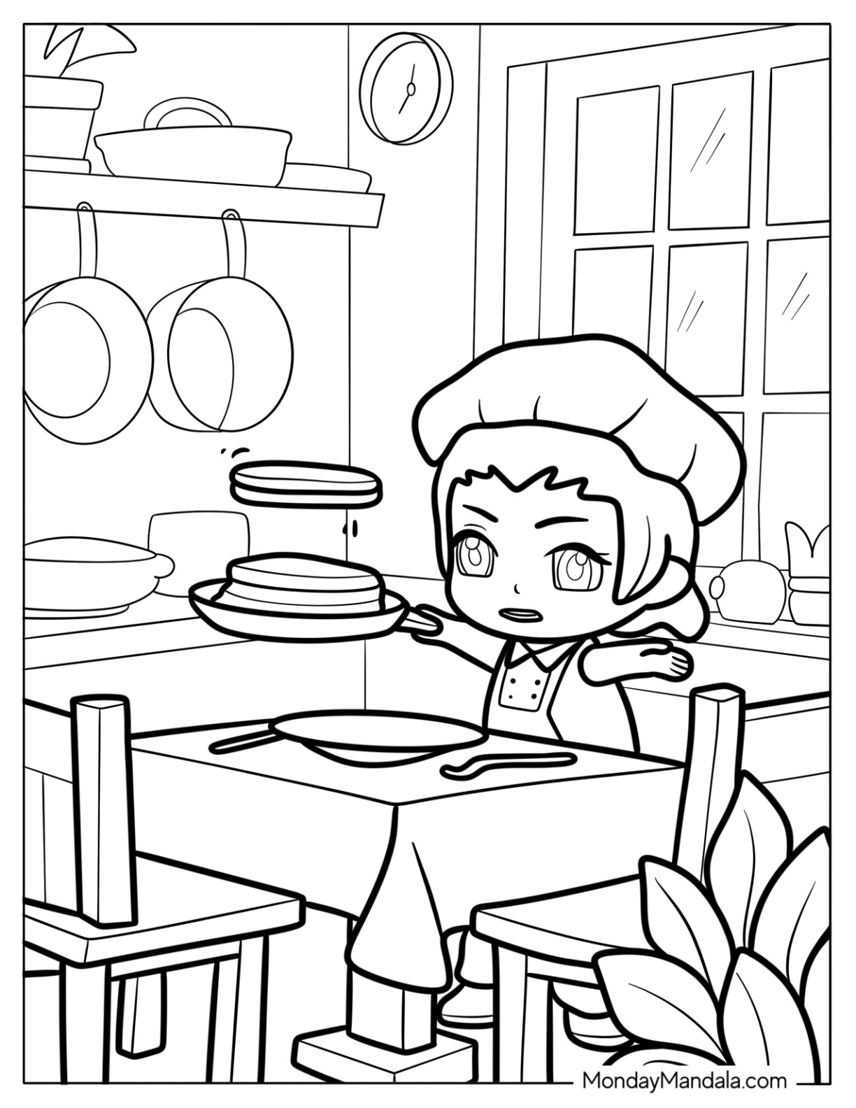Energetic Chibi Coloring Page Chef Flipping Pancakes in a Cozy Kitchen coloring page