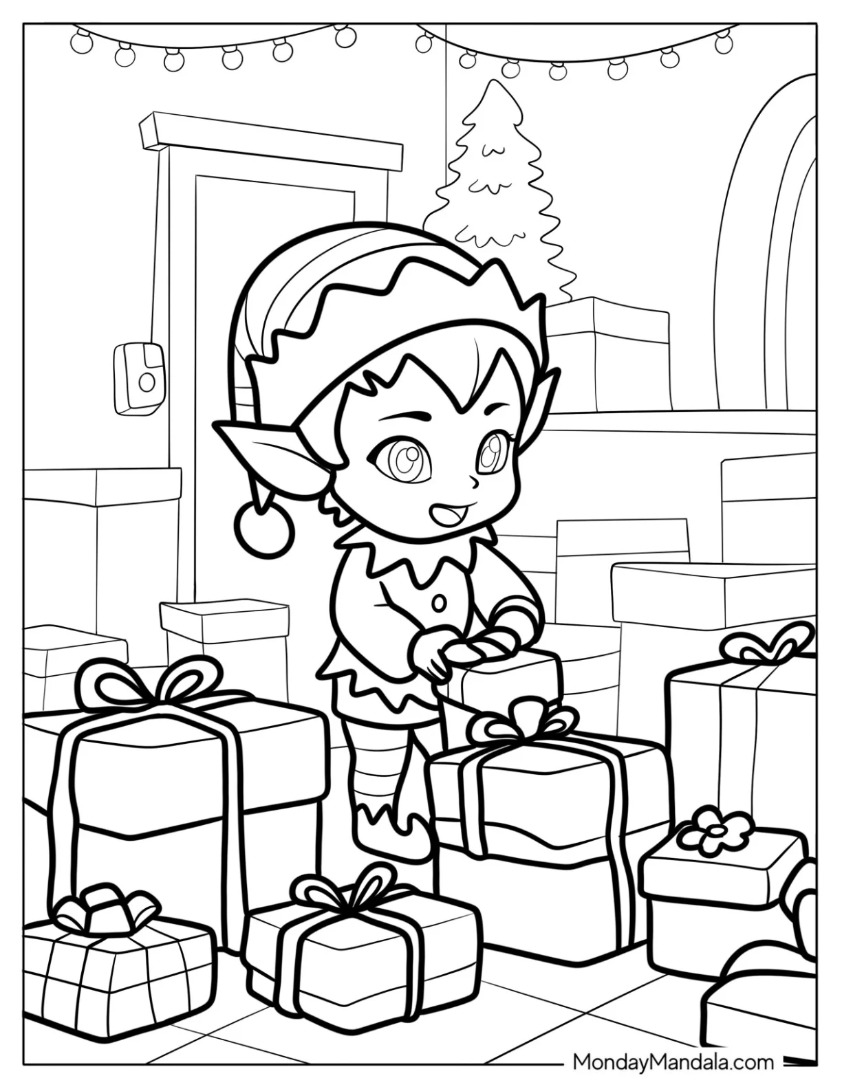 Festive Chibi Coloring Page Elf Wrapping Presents in a Christmas Workshop coloring page