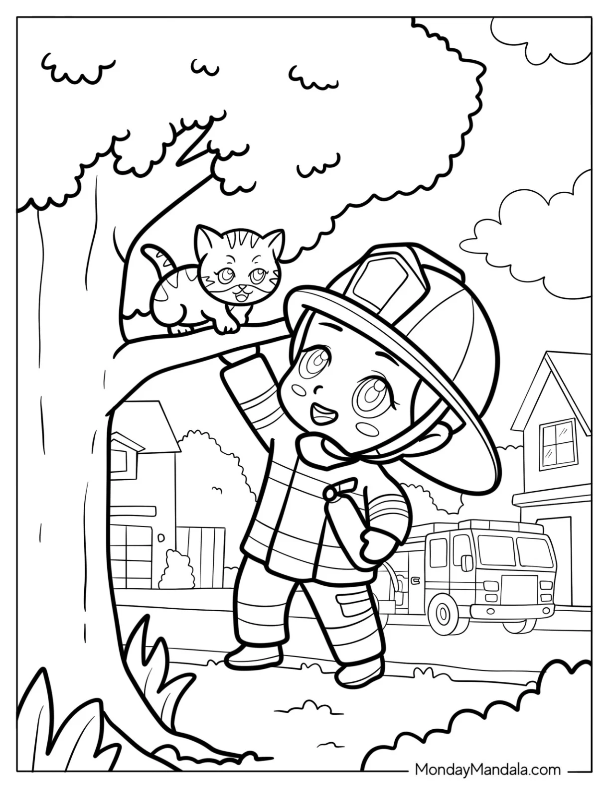 Heroic Chibi Coloring Page Firefighter Saving a Kitten from a Tree coloring page