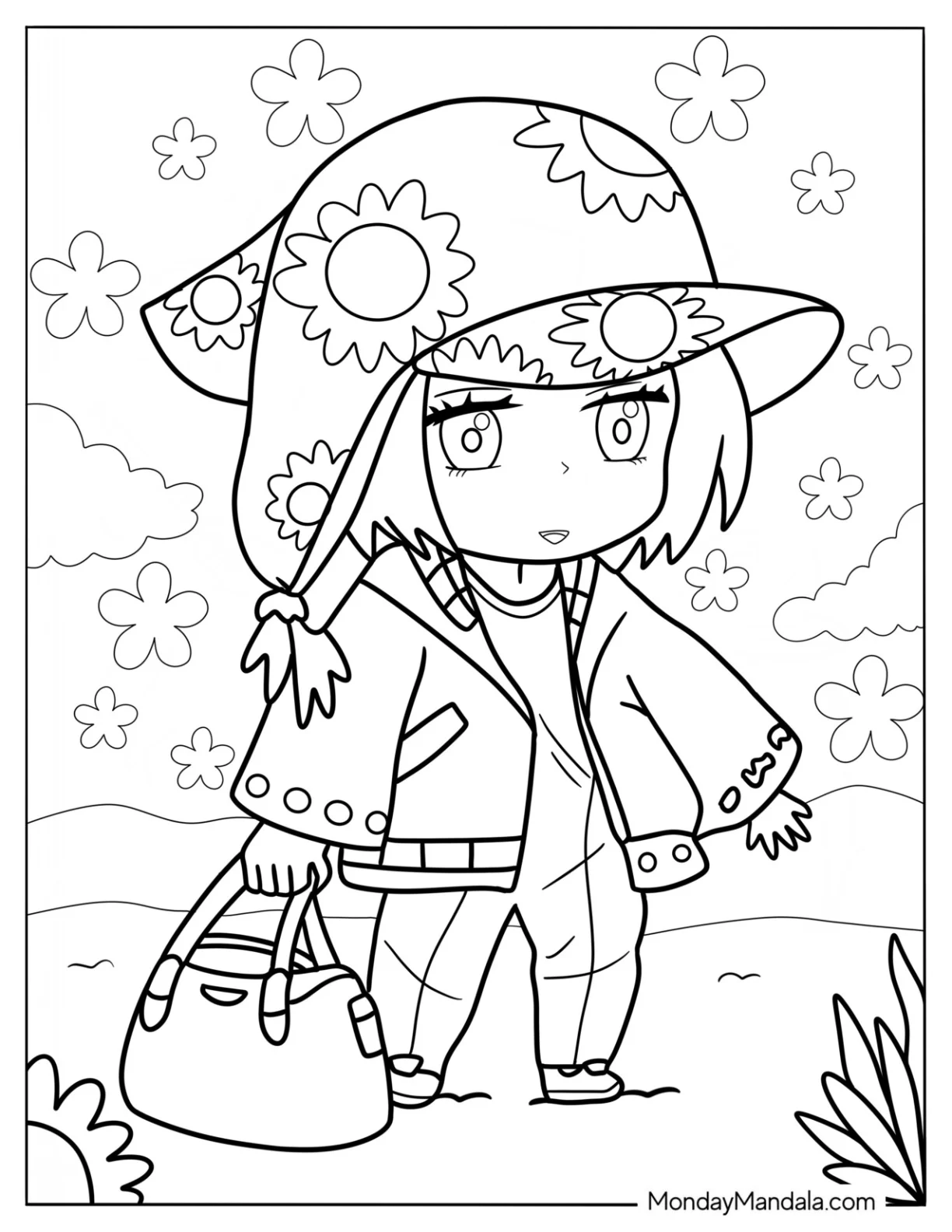 Hippie Chibi Girl With Floral Hat coloring page