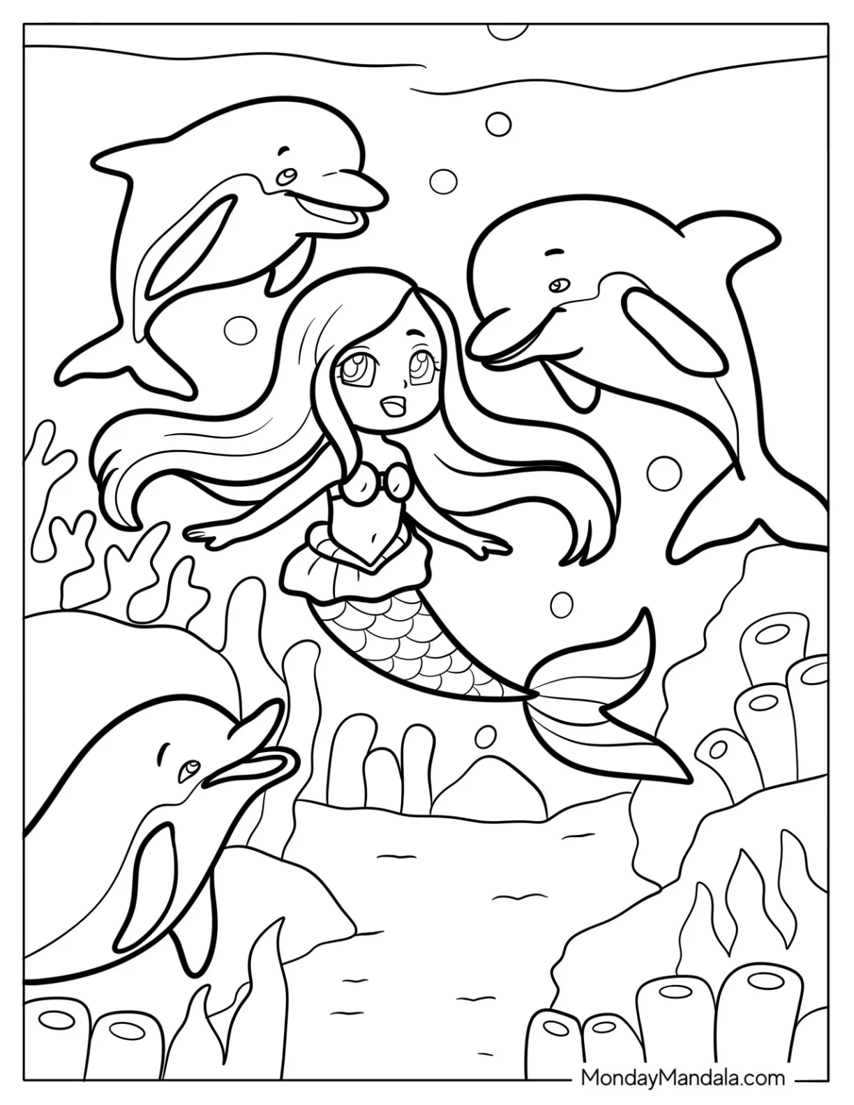 Magical Chibi Coloring Page Mermaid Swimming with Dolphins Under the Sea coloring page