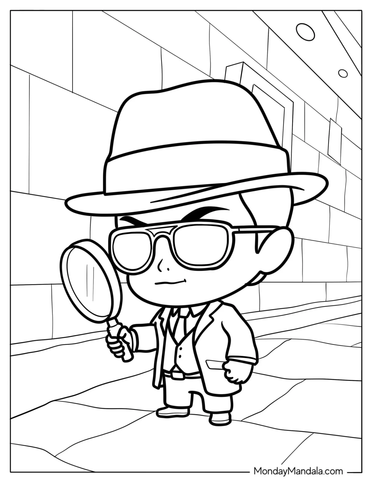 Mysterious Chibi Coloring Page Detective Holding Magnifying Glass in a City Street coloring page