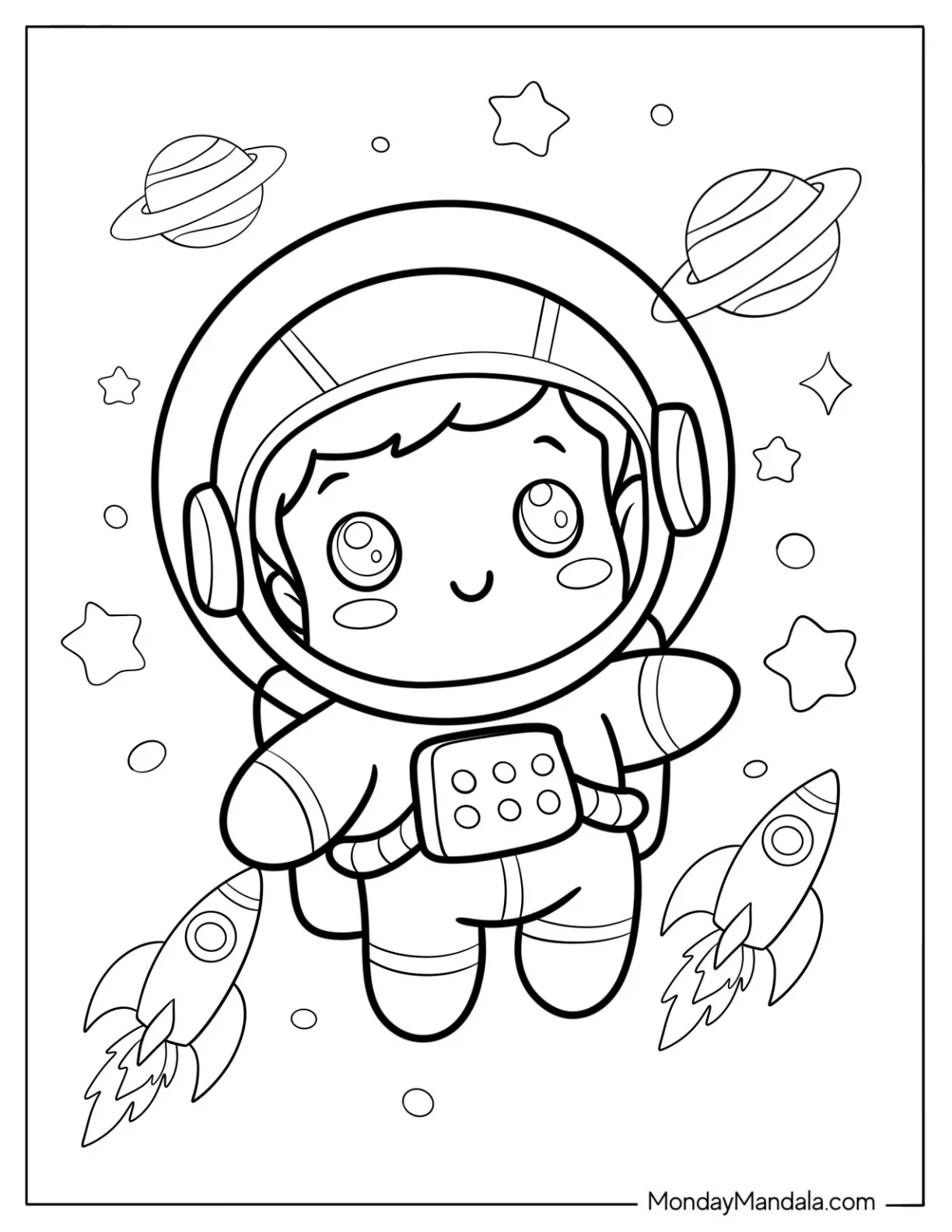 Outer Space Journey with a Chibi Coloring Page Astronaut and Rocket Ships coloring page